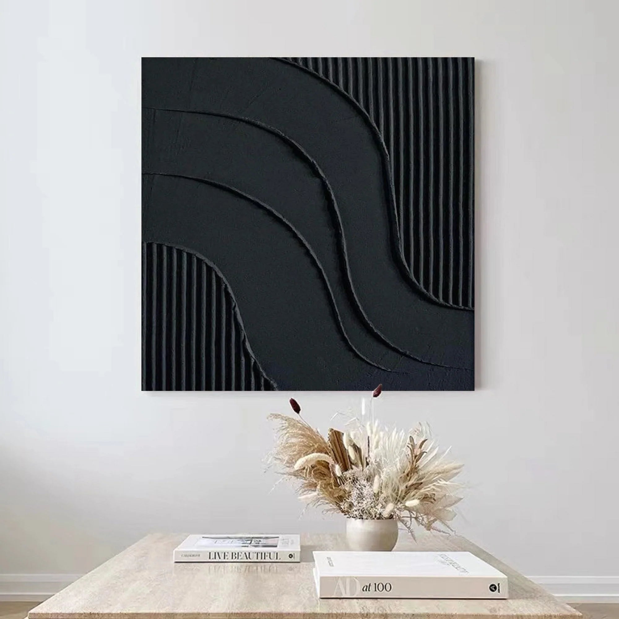 Black Minimalist Painting Original 3D Textired Wall Art Framed Canvas