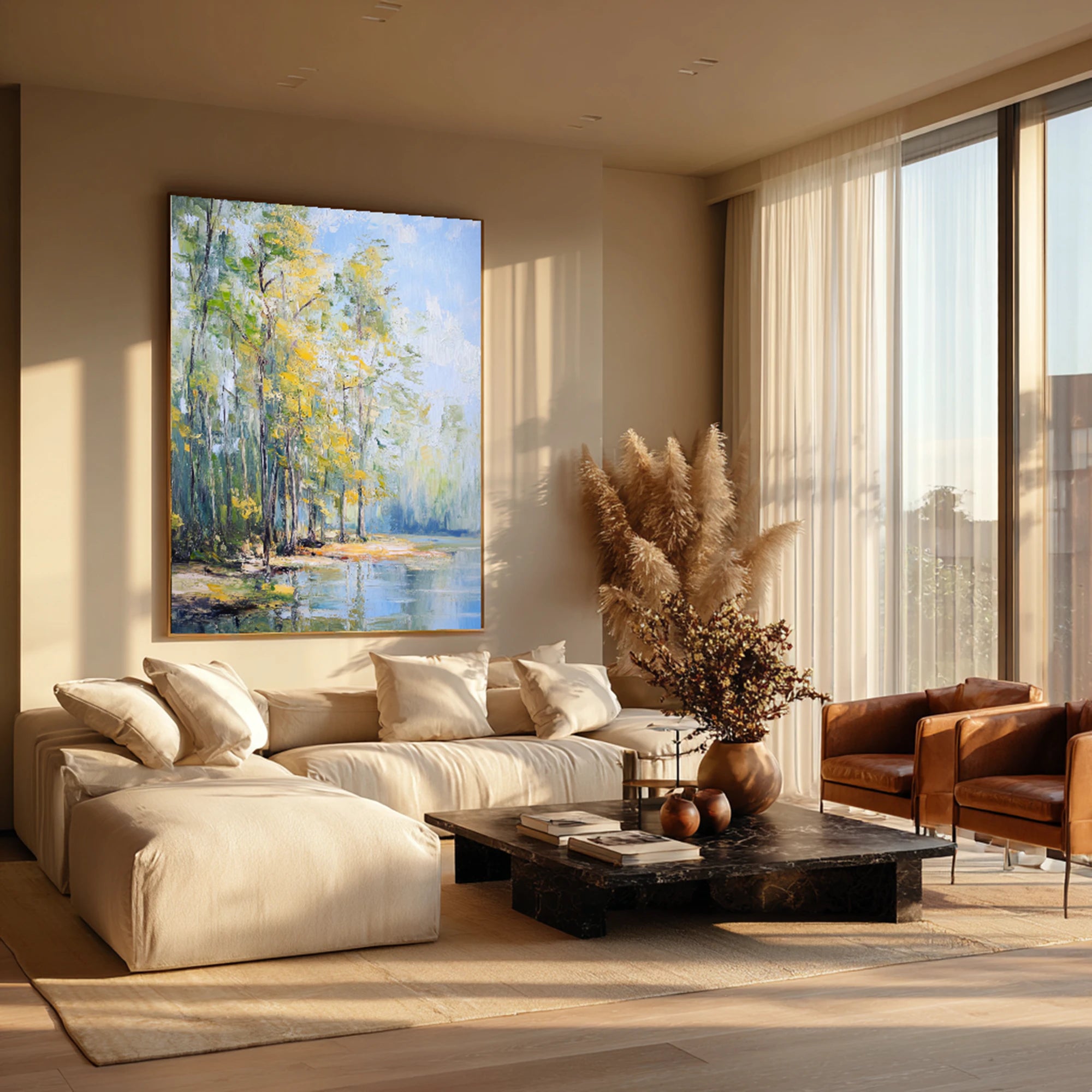 Abstract Lake Forest Landscape Oil Painting, Hand-Painted Wall Art #FJ676