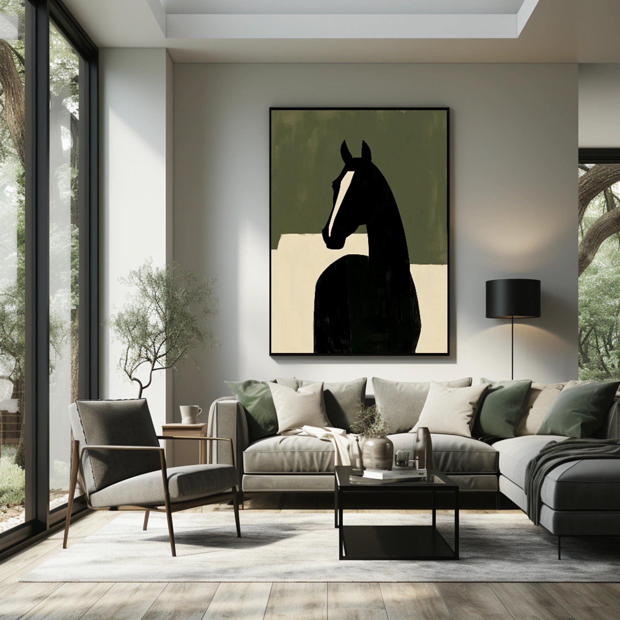Abstract Black Horse Oil Painting, Minimalist Wall Art #WA517
