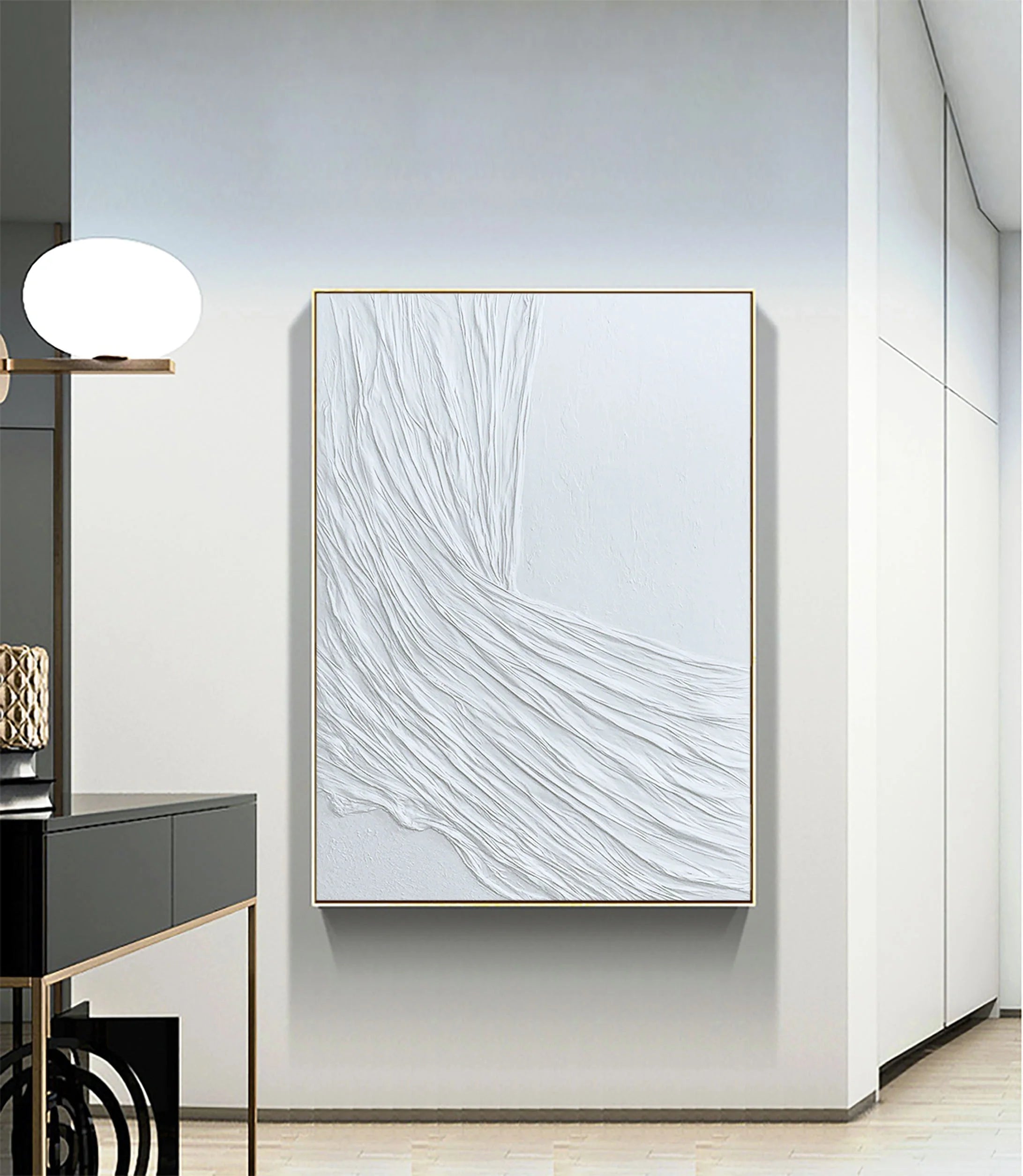 3D Textured White Minimalistic Plaster Painting on Canvas Original