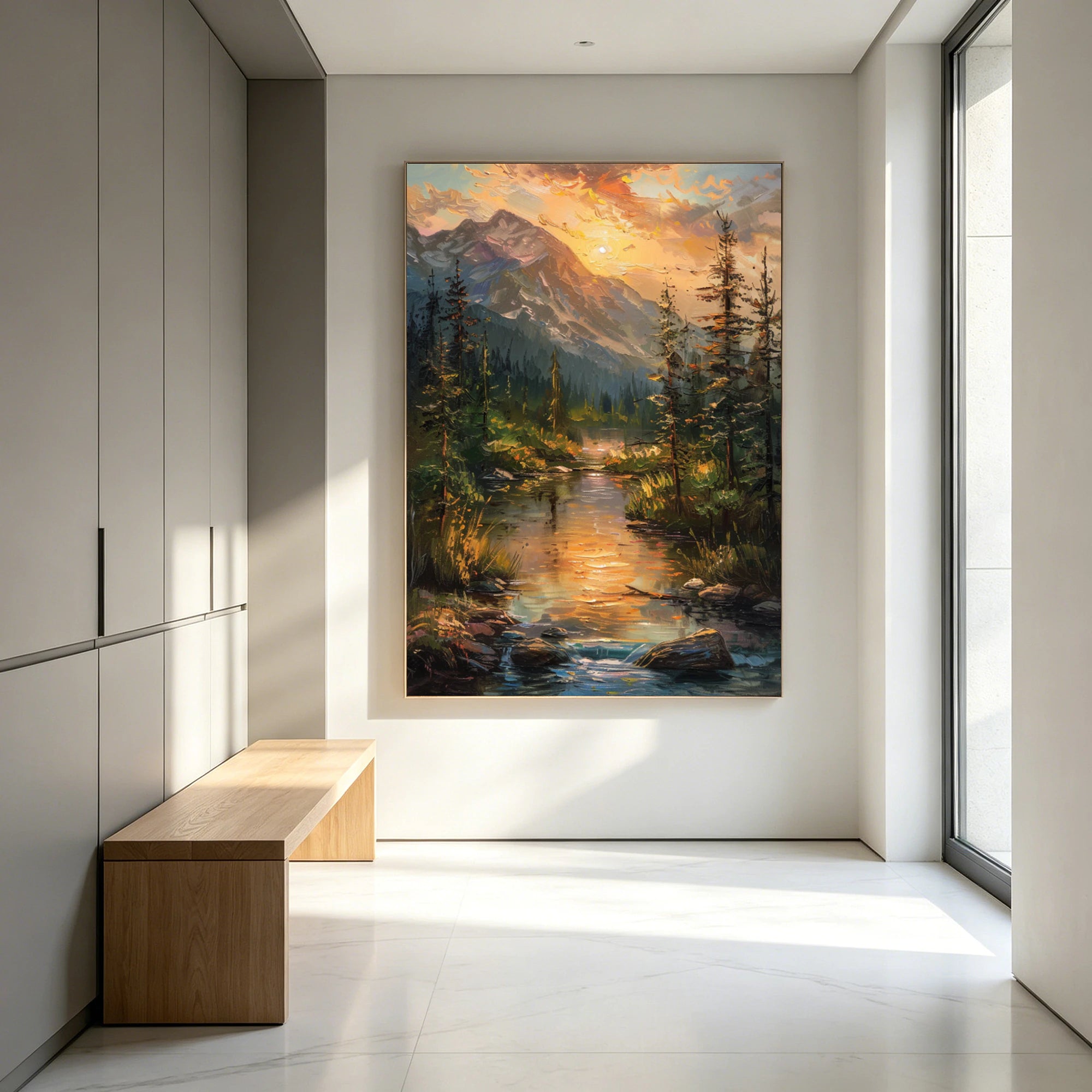 Mountain Sunset River Landscape Oil Painting #FJ668