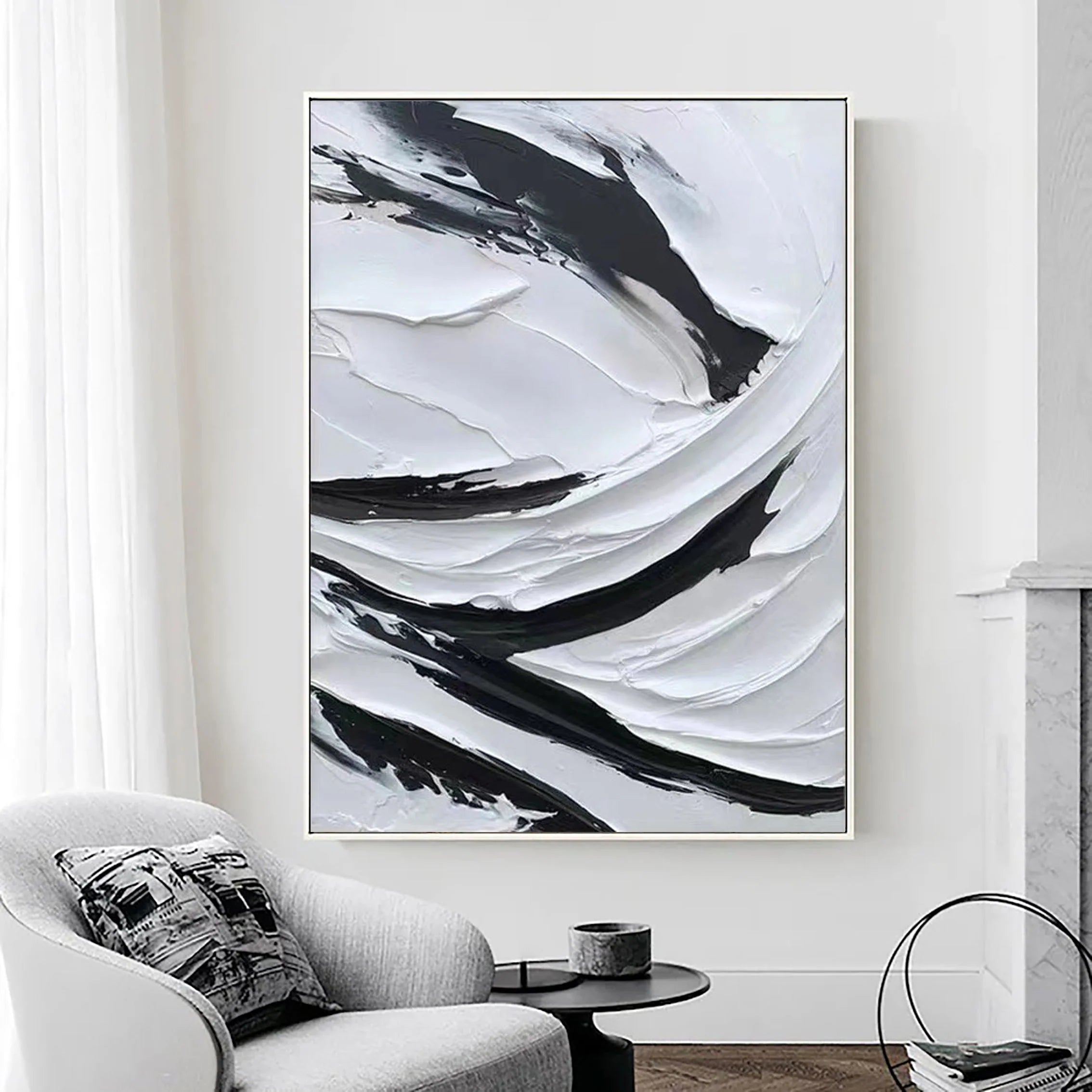 Black and White Plaster Art Textured Painting on Canvas Wall Decor