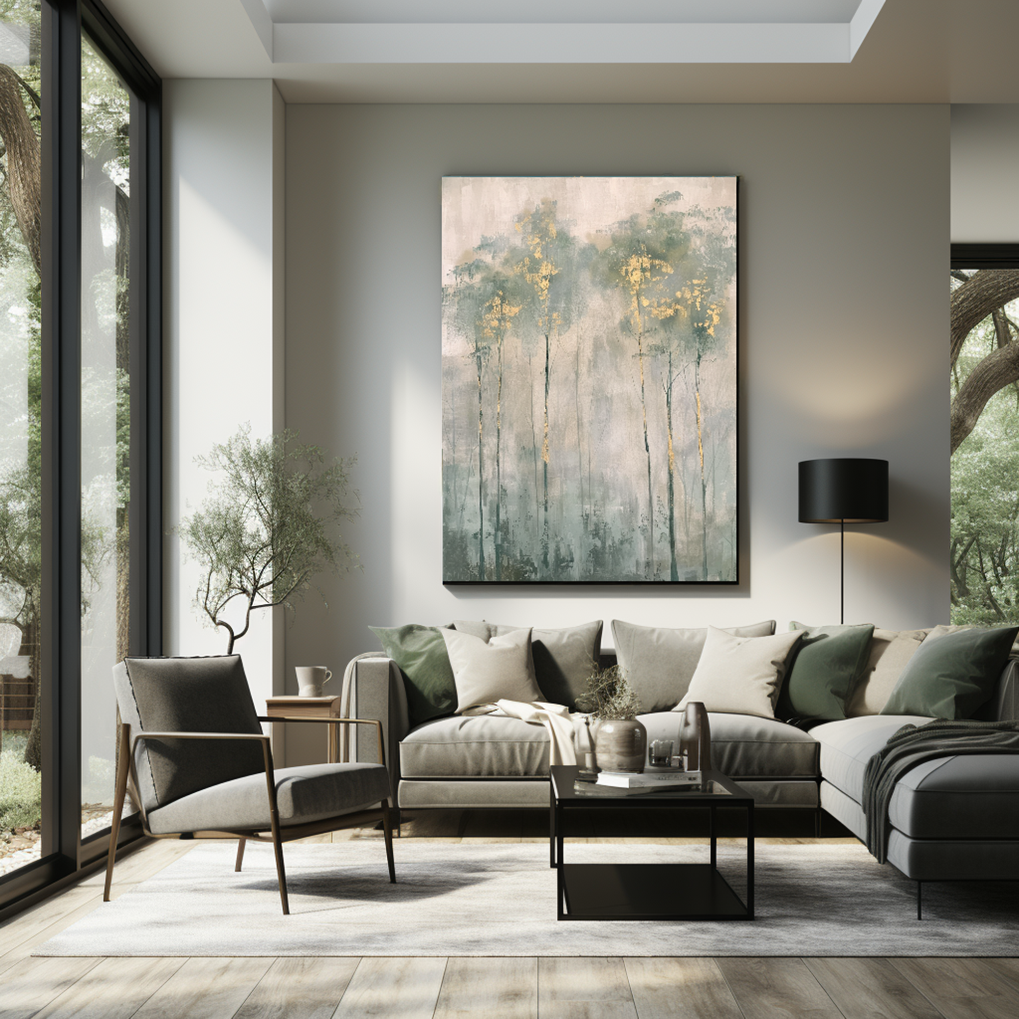 Misty Sage Green Forest Oil Painting with Gold Leaf Accents #FT208