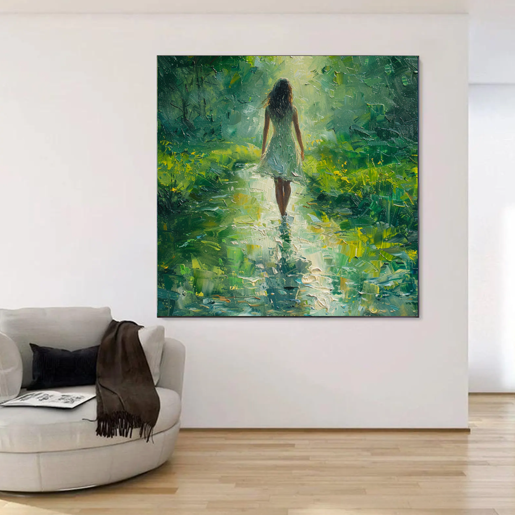 Impressionist Woman in Sunlit Forest Path Hand-Painted Oil Painting #FT346