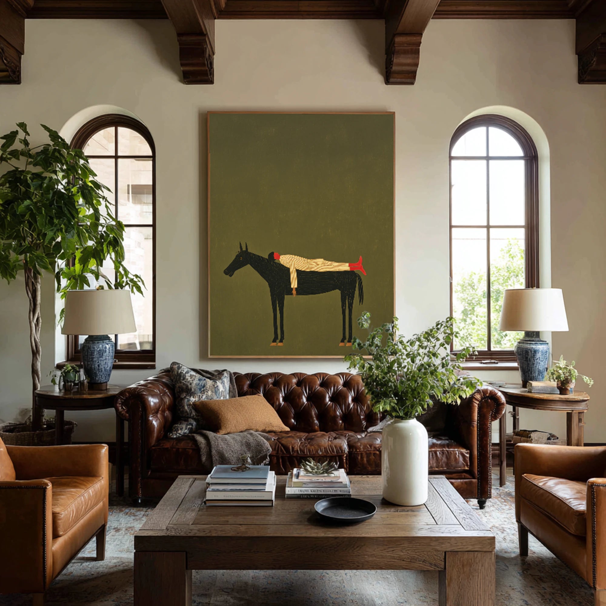 Hand-Painted Minimalist Horse and Rider Wall Art, Olive Green Canvas Painting #WA534
