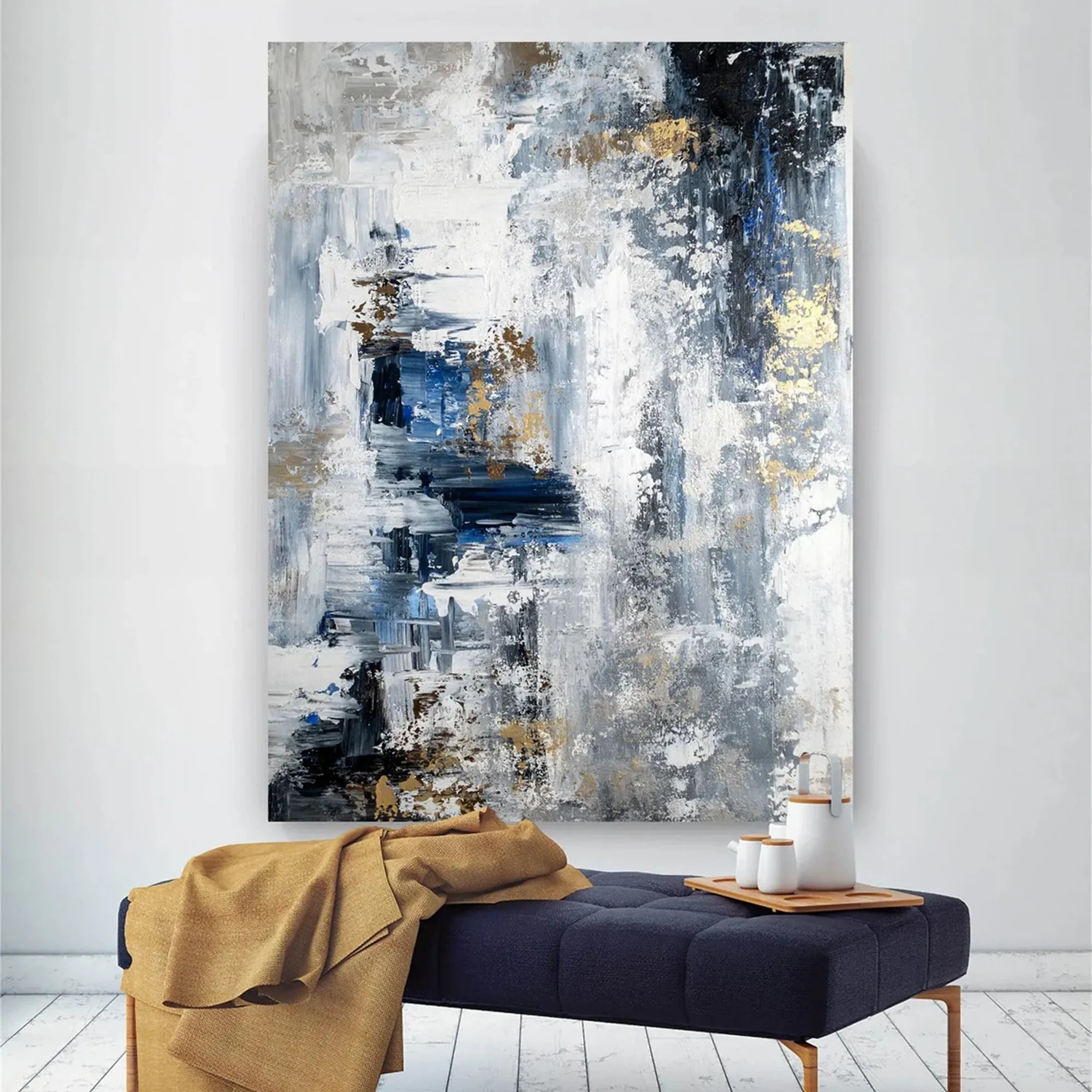Blue Grey Gold Abstract Canvas Art #MZ353