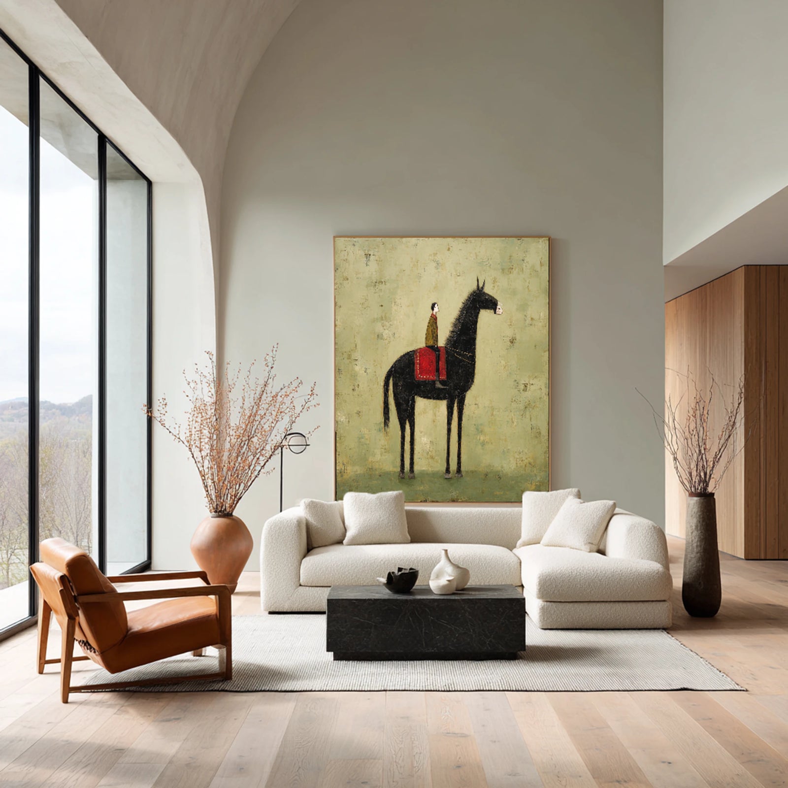 Hand-Painted Black Horse Rider Canvas Art, Minimalist Vintage Style #WA539