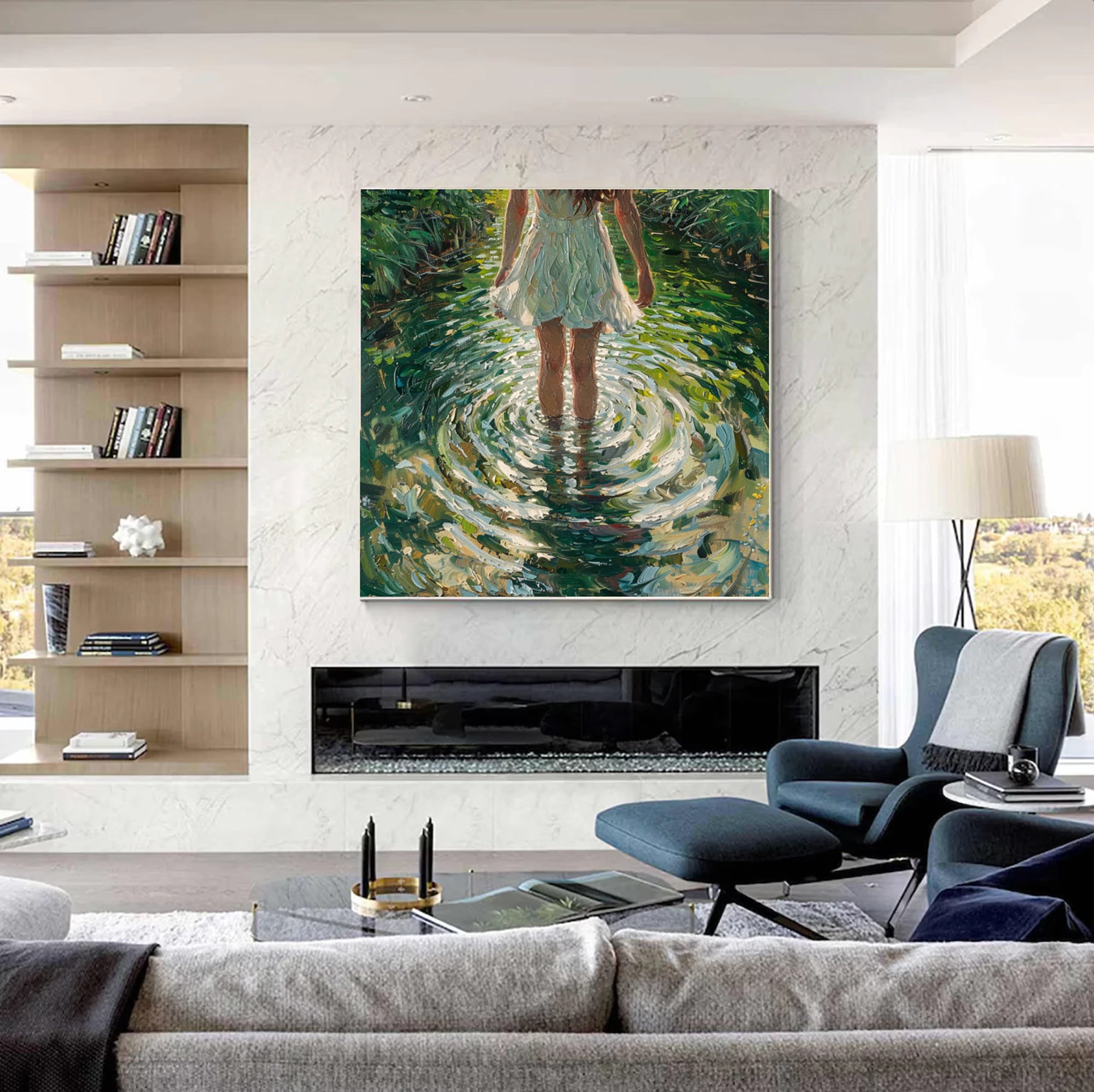 Hand-painted Oil Painting, Girl in Stream with Ripples #AB837
