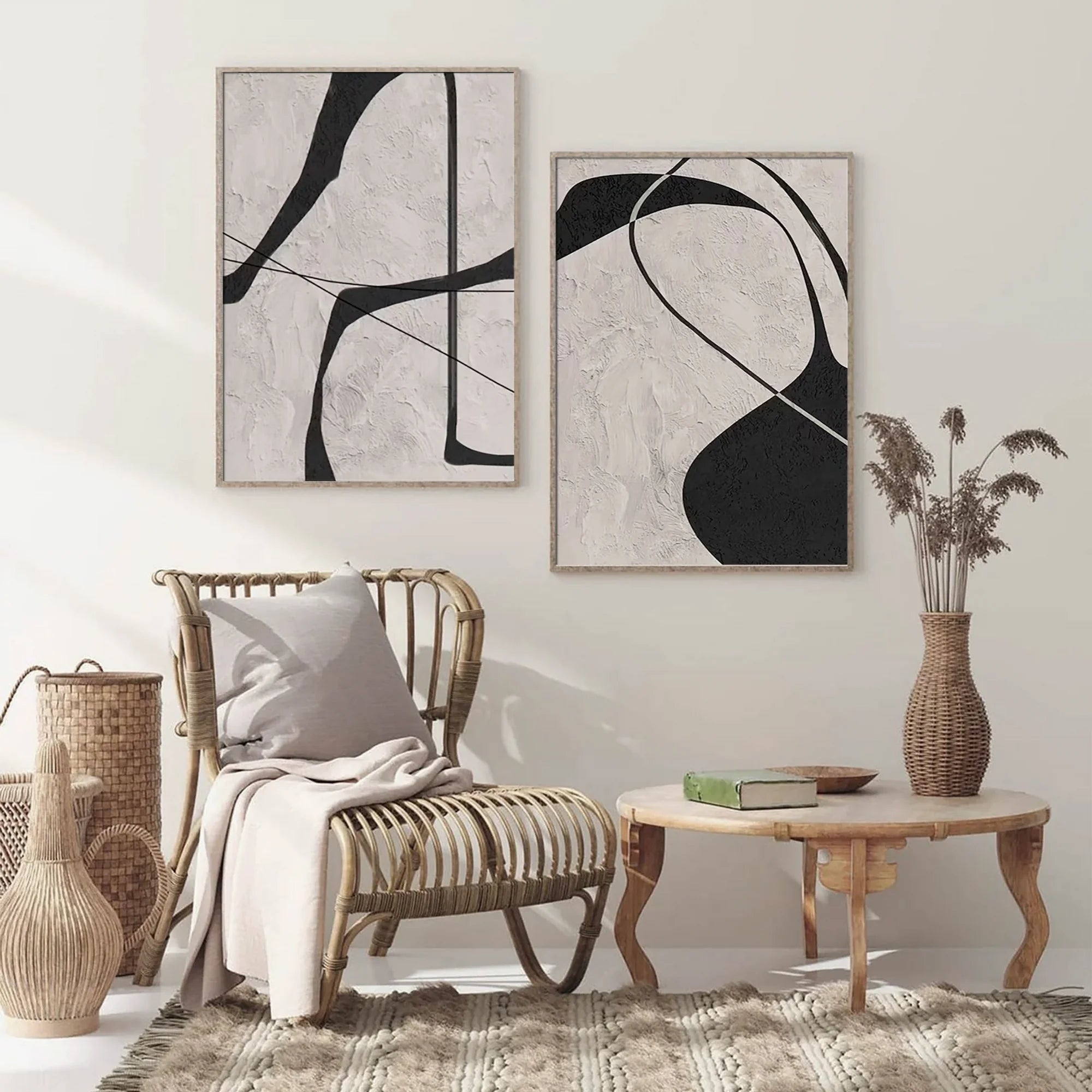 Beige & Black Abstract Textured Painting Set of 2 #WA110