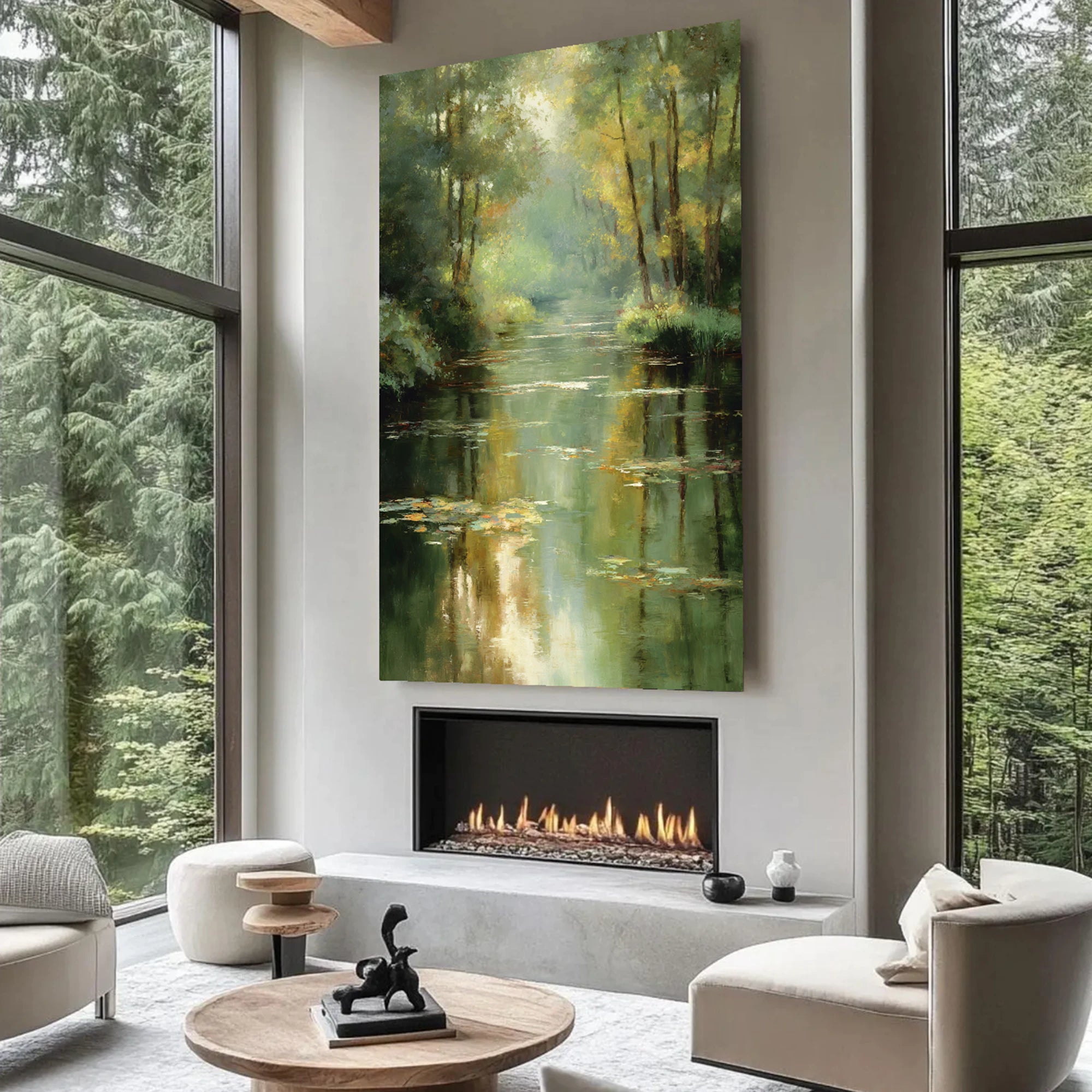 Hand-Painted Forest River Landscape Oil Painting with Water Lilies #FJ667