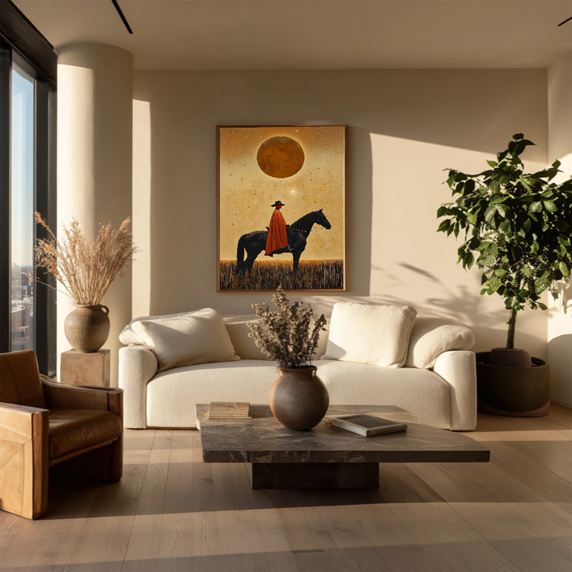 Hand-painted Abstract Horse Rider Oil Painting, Warm Earth Tone Wall Art #AB514