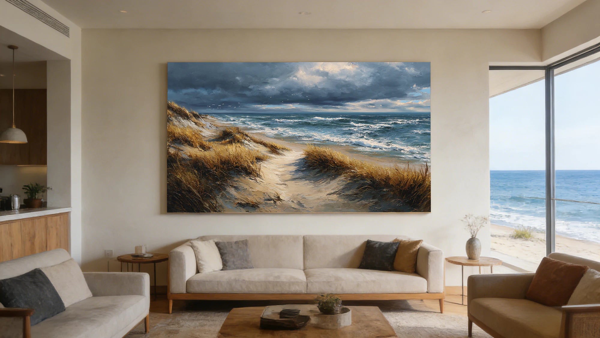 Stormy Beach Dunes Oil Painting Neutral Seascape Canvas #SK590