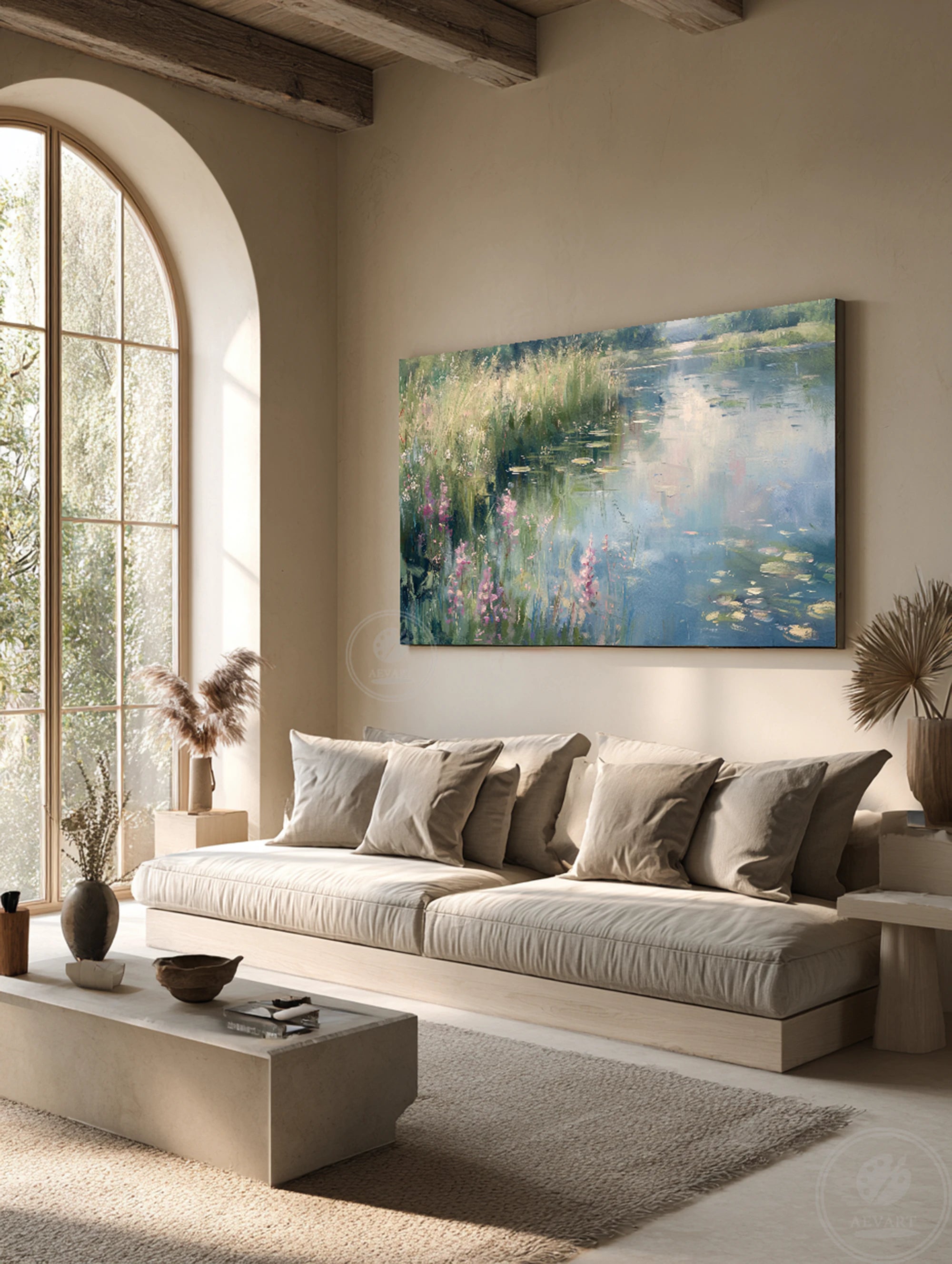 Impressionist Water Lily Pond Oil Painting, Calm Nature Landscape Wall Art #FT584