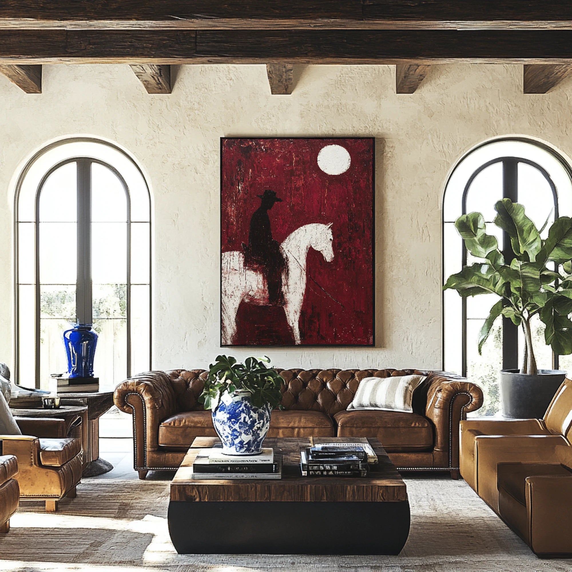 Original Red Abstract Horse Rider Oil Painting #WA531