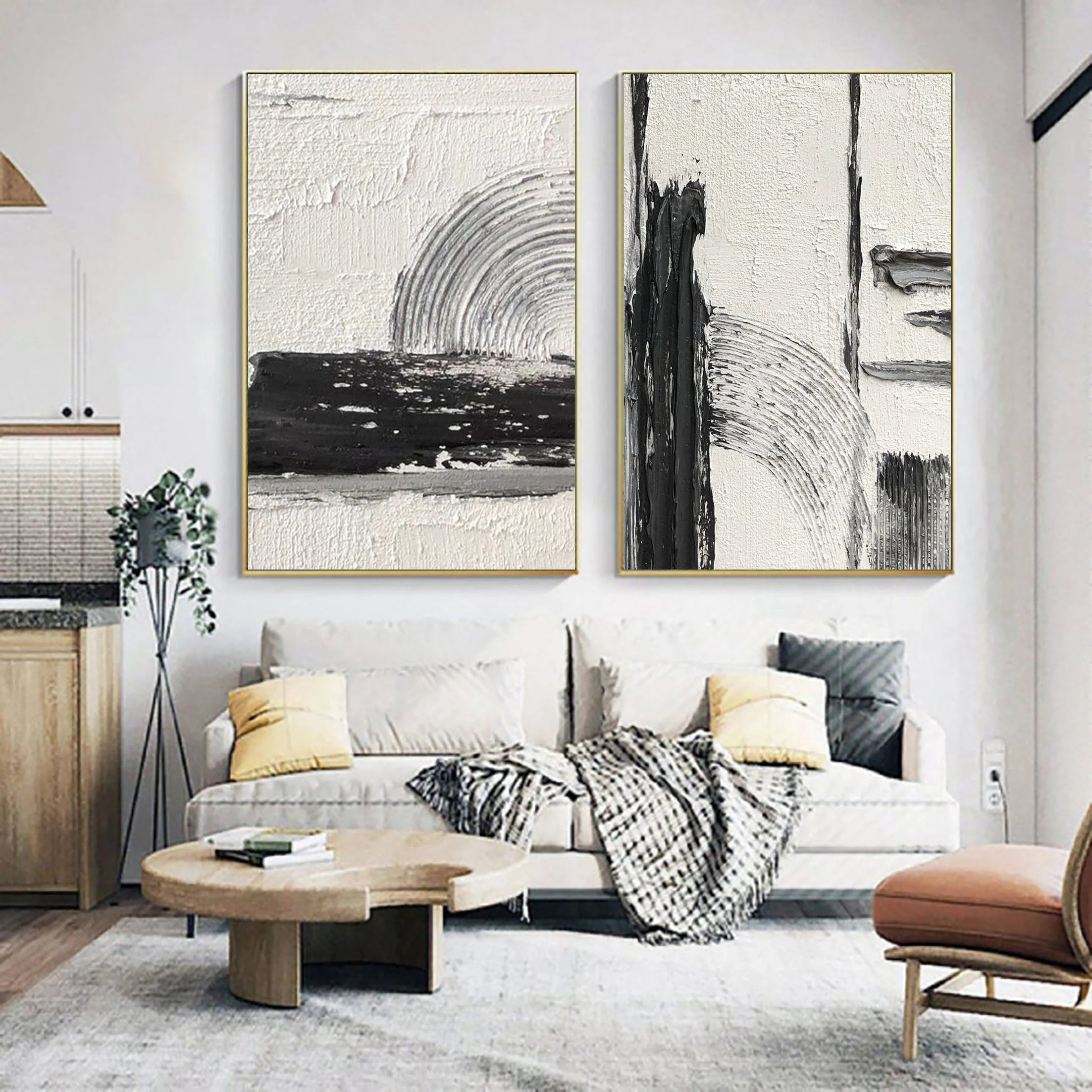 Set of 2 Plaster Black and Beige Minimalistic Painting for Room Decor