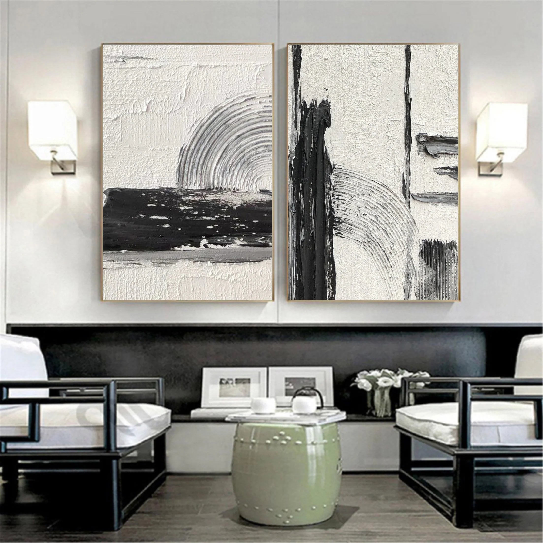 Set of 2 Plaster Black and Beige Minimalistic Painting for Room Decor