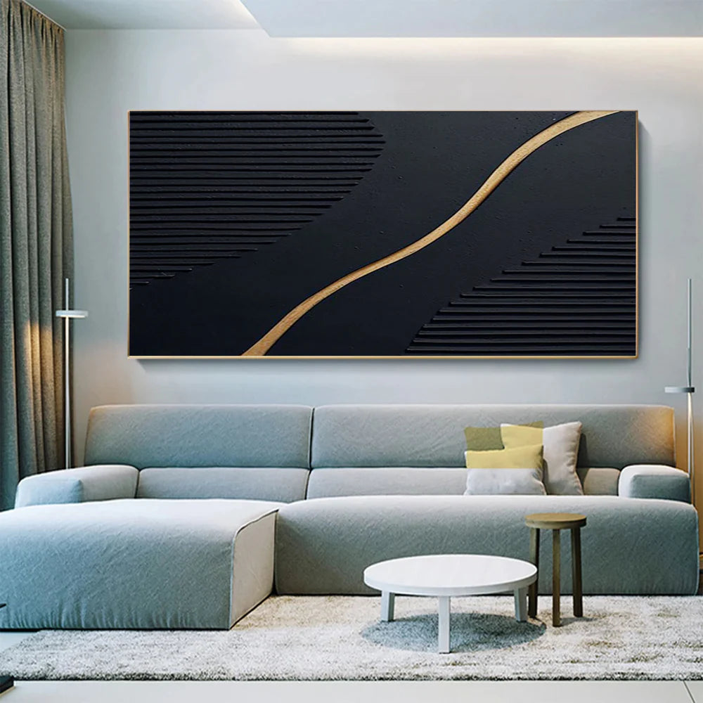 Minimalist Black Gold 3D Impasto Wall Art #JM91