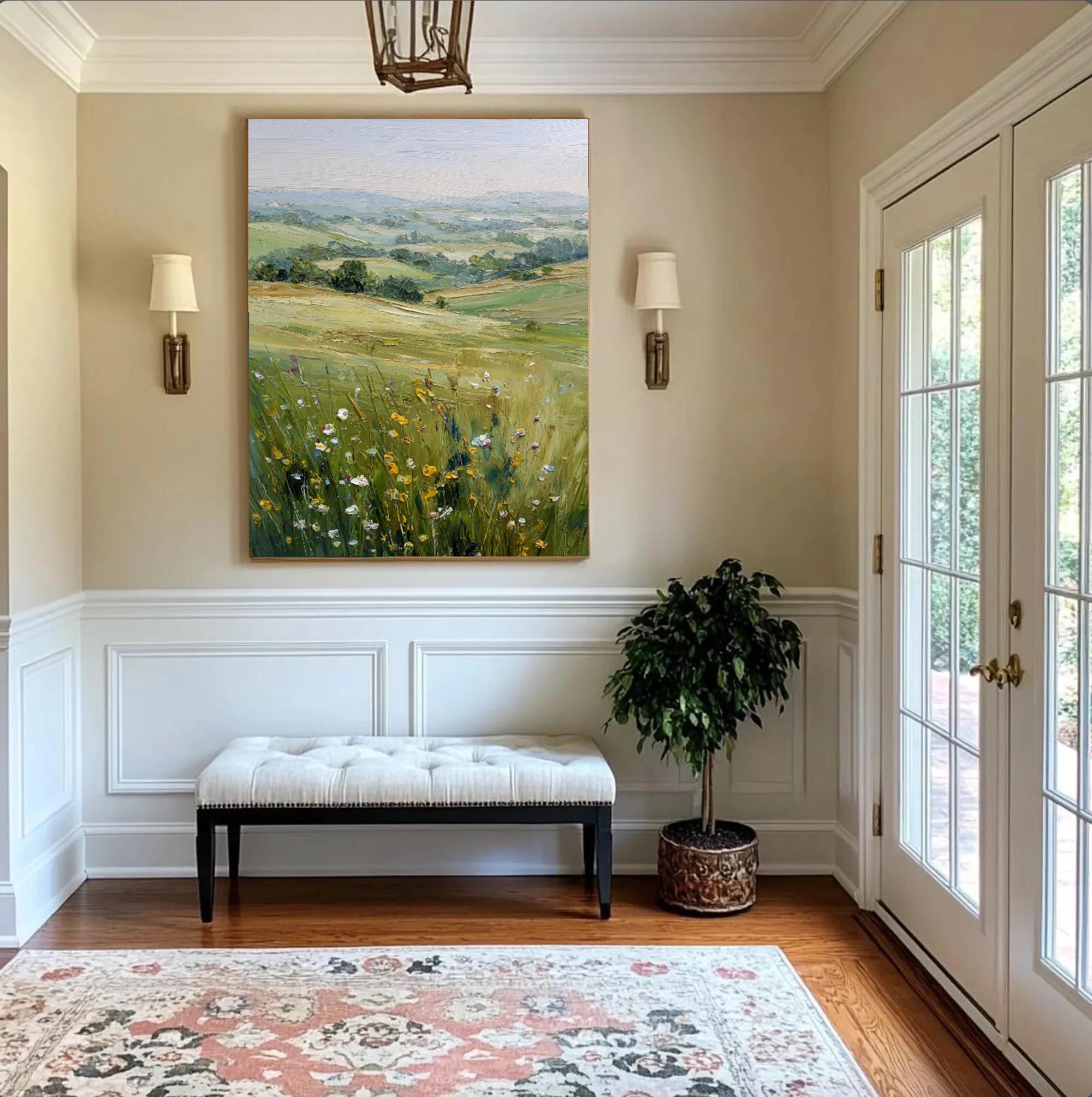 Hand-Painted Green Meadow Landscape Oil Painting #FT620