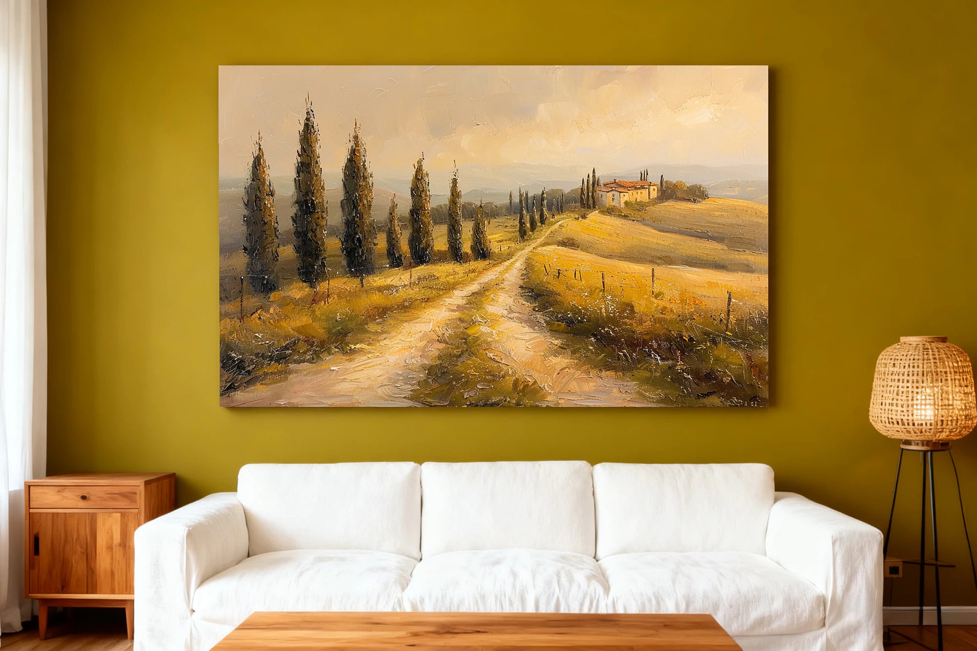 Tuscany Countryside Oil Painting, Neutral Landscape Wall Art #FT587