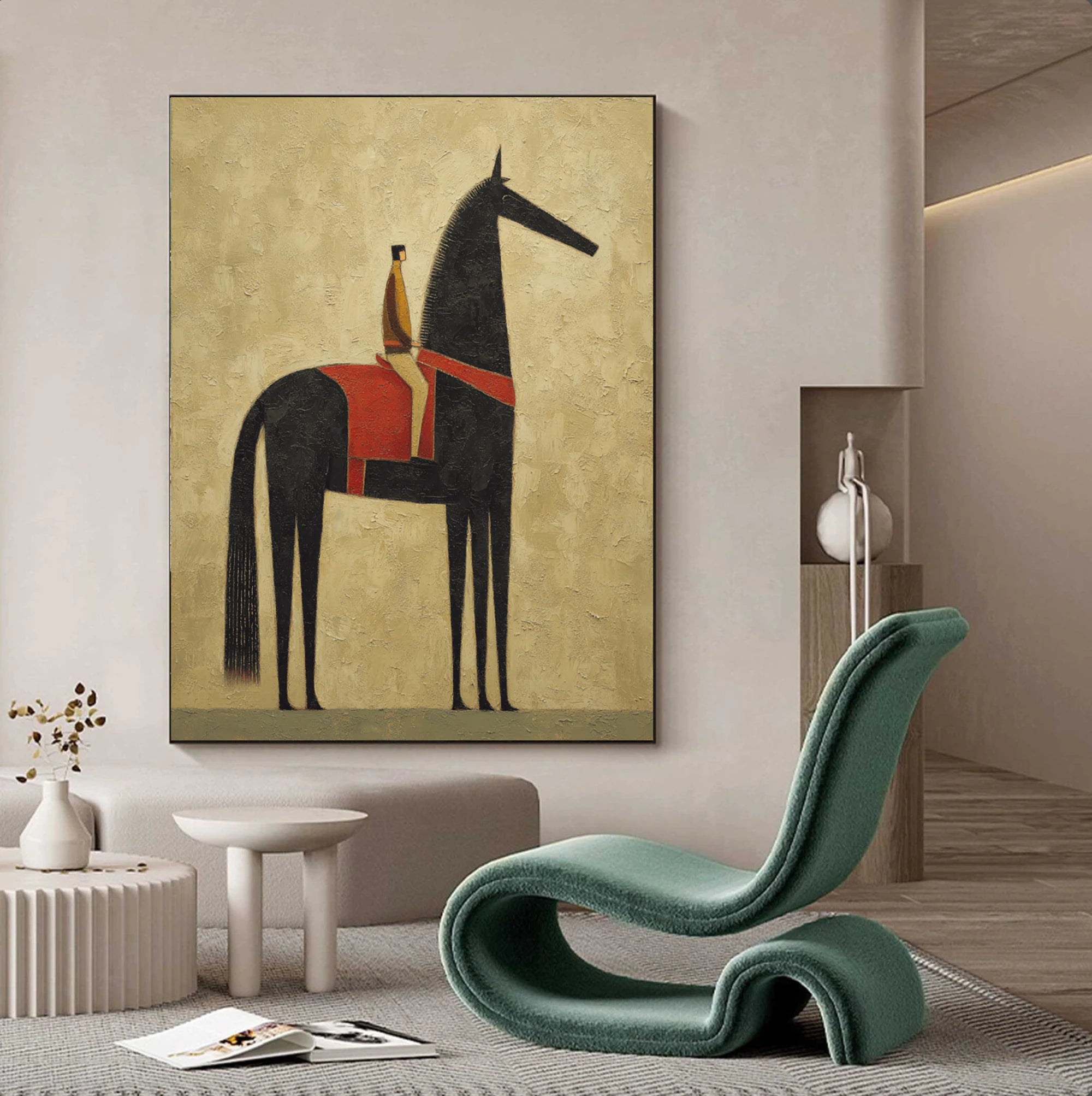 Original Abstract Horse & Rider Oil Painting, Neutral Beige Wall Art #WA526