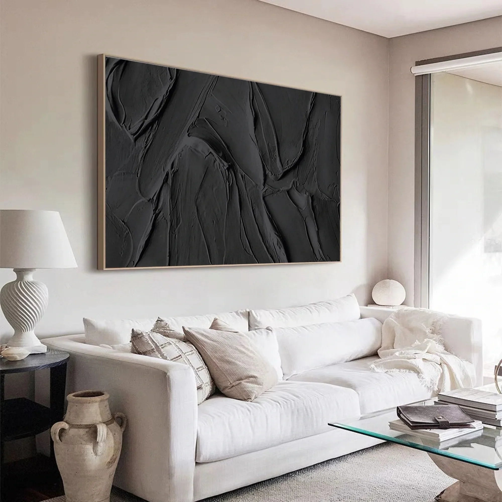 Black 3D Textured Plaster Minimalist Painting on Canvas, Handmade Wall Art