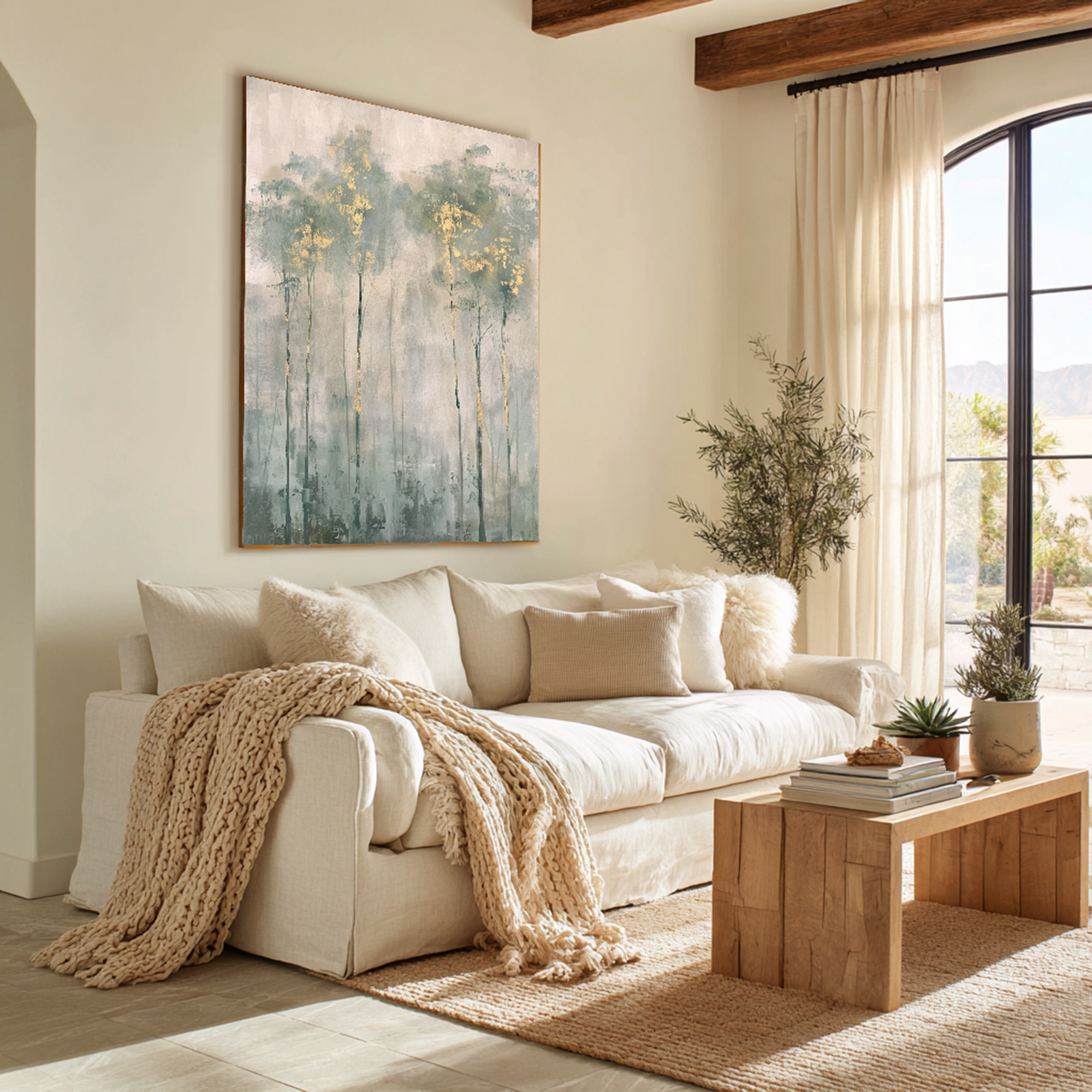 Misty Sage Green Forest Oil Painting with Gold Leaf Accents #FT208