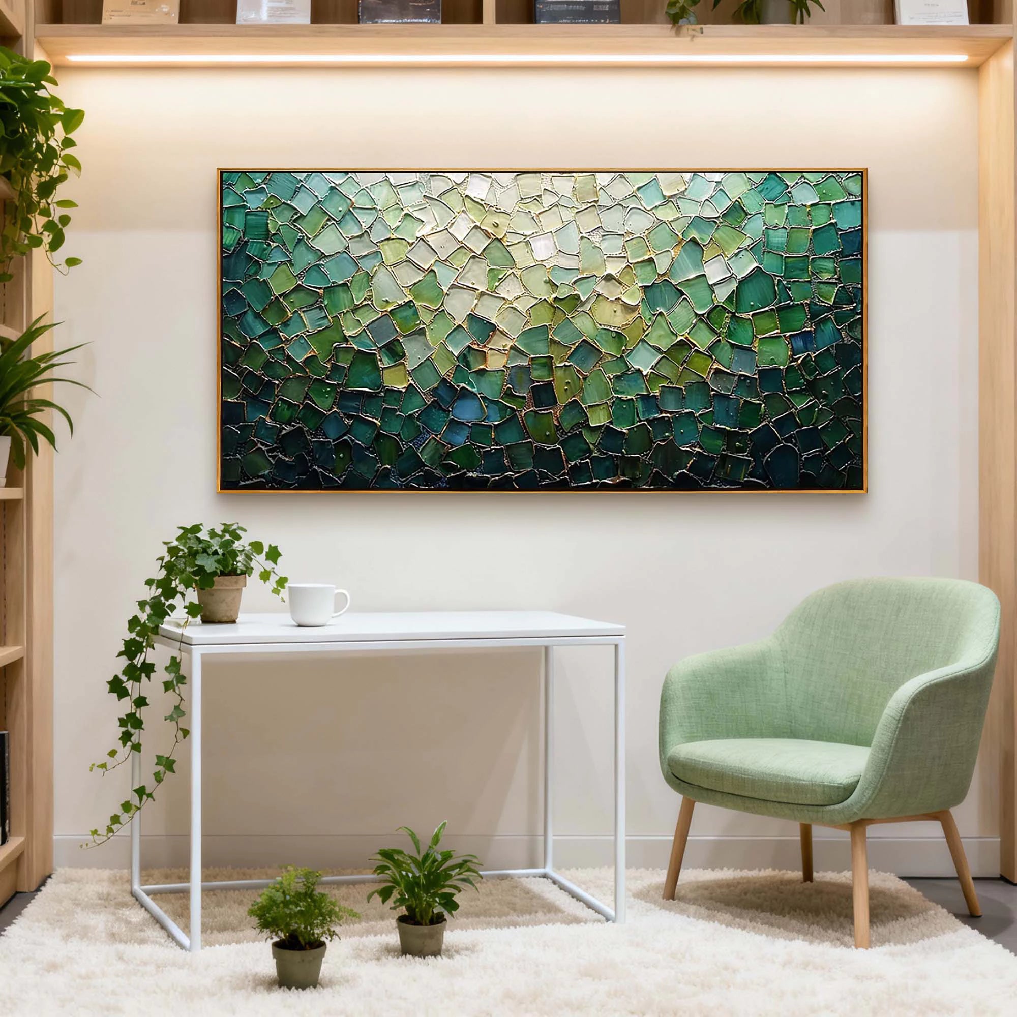 Modern Deep Green Geometric Textured Oil Painting #MD227