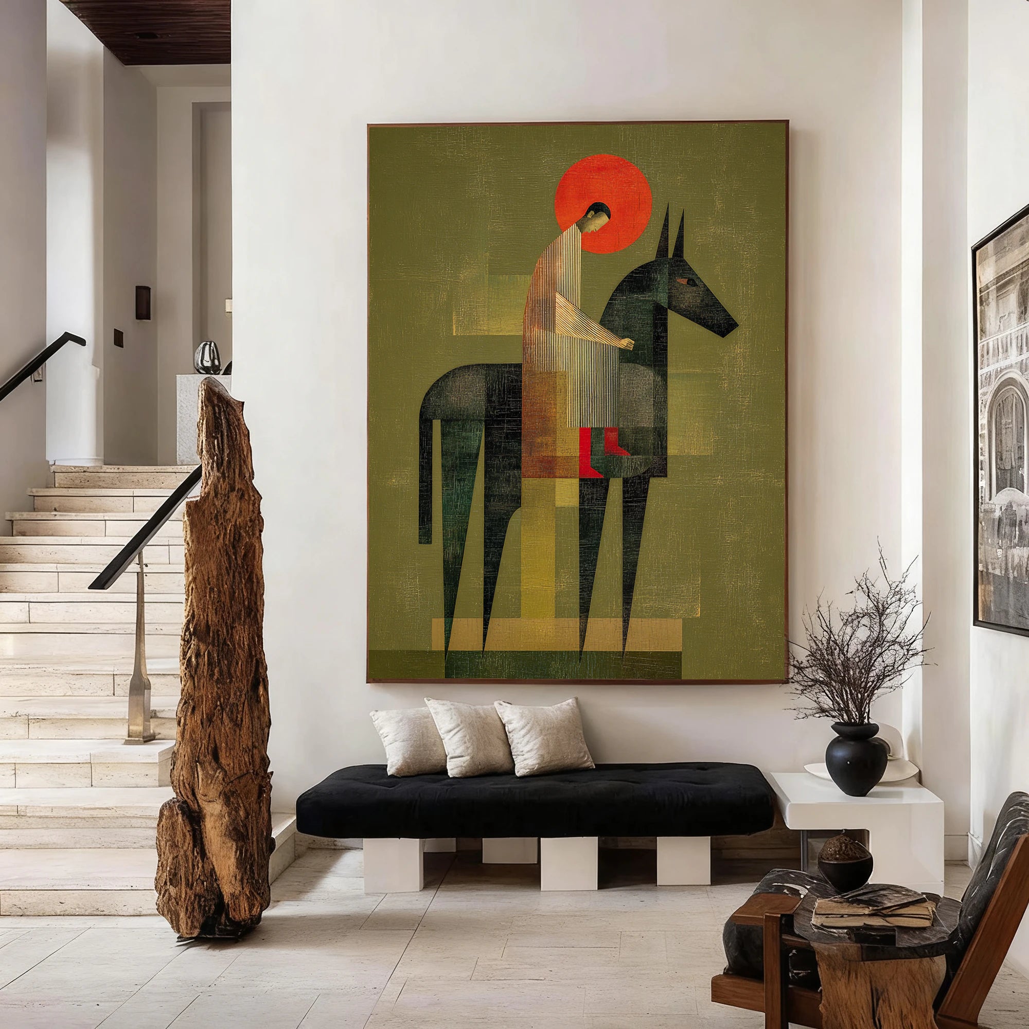 Abstract Horse Rider Painting | Earthy Green Wall Art #WA532