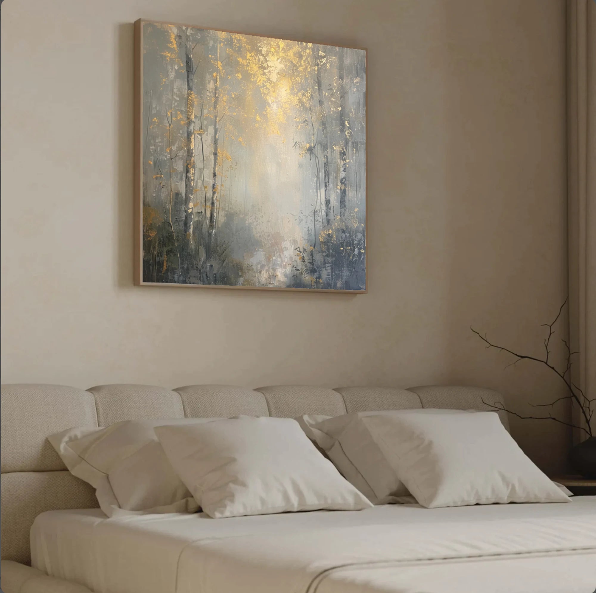 Hand-Painted Gold Grey Forest Oil Painting, Abstract Tree Wall Art #FT520