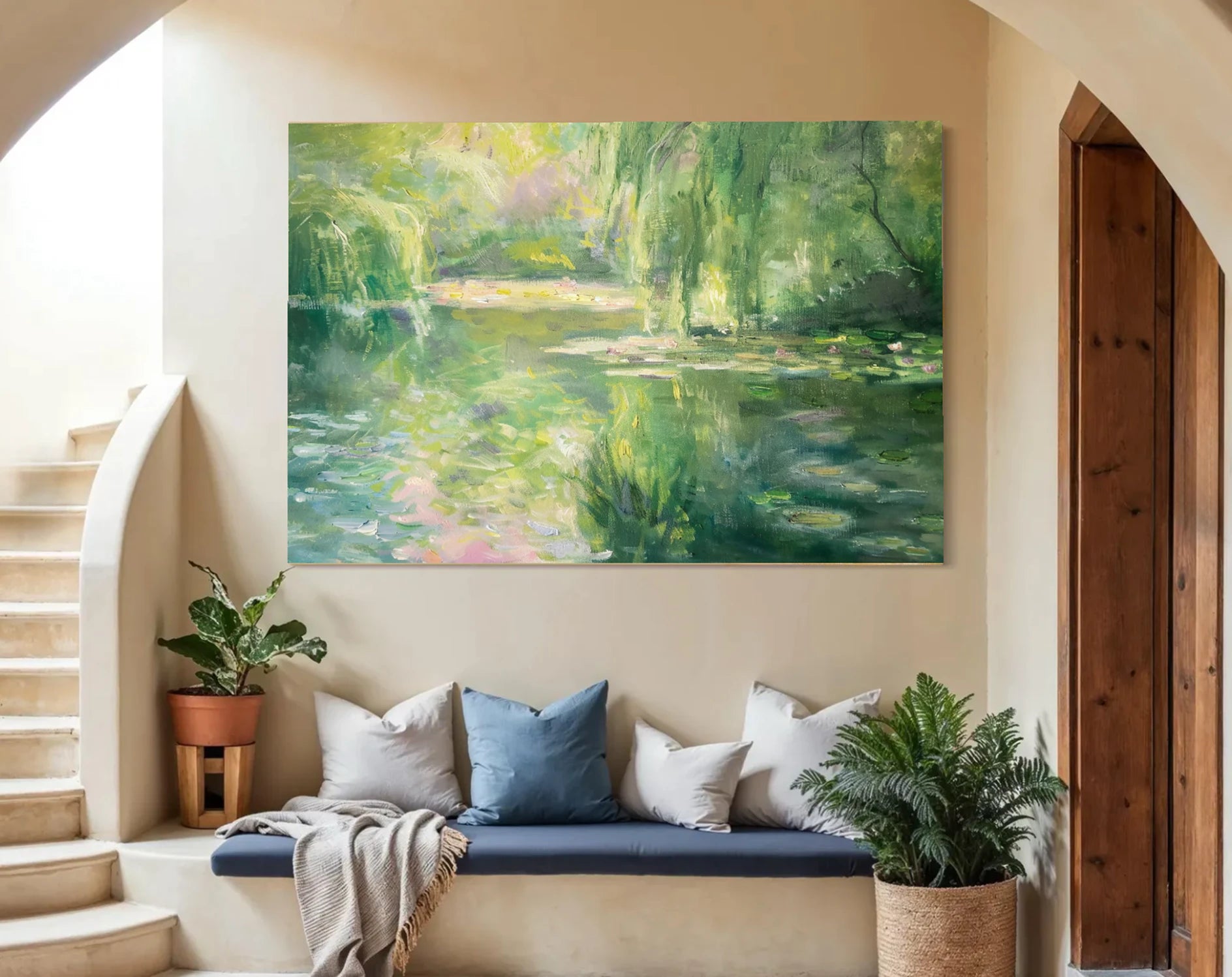 Green Water Lily Pond Oil Painting, Impressionist Wall Art #FT579