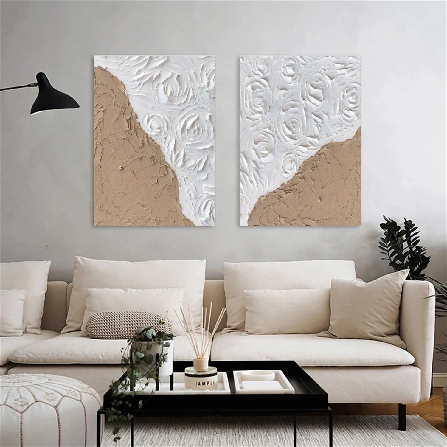 White and Brown Minimalist Textured Art Set of 2 #MD236