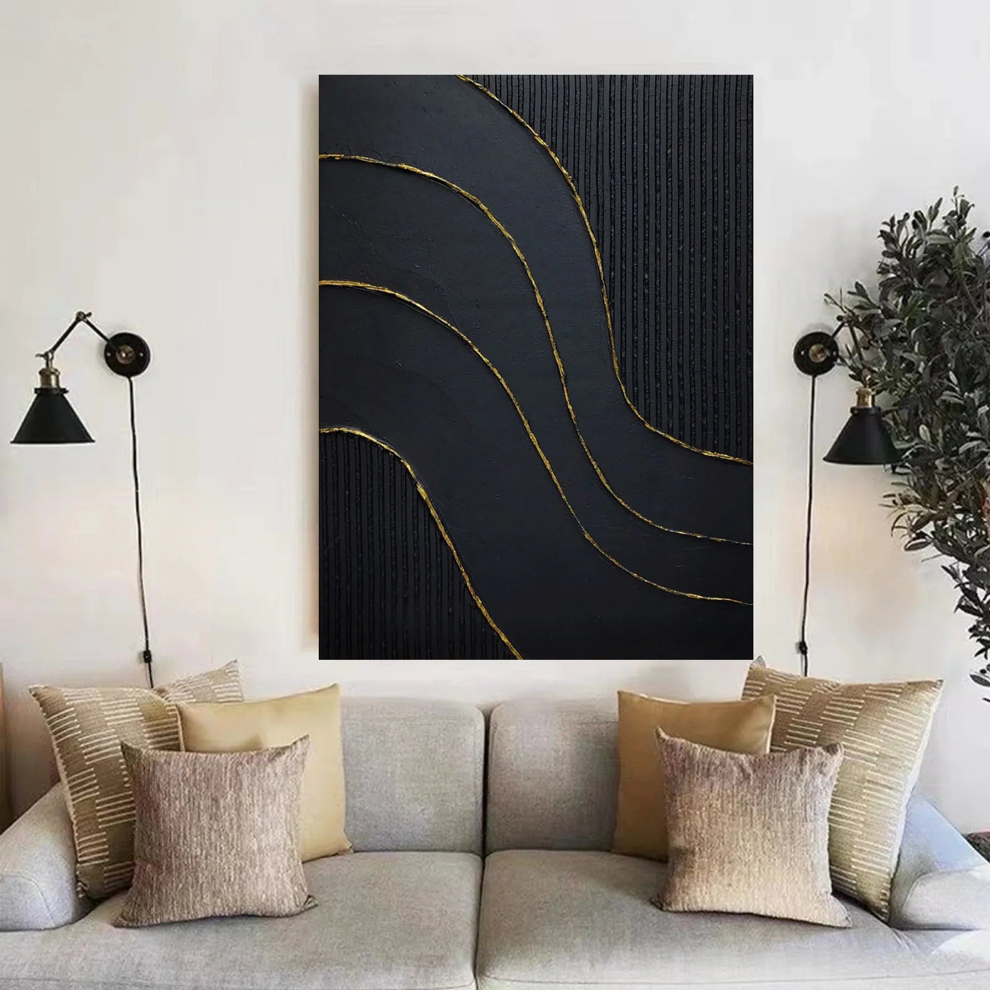 Large 3D Textured Abstract Minimalist Wall Art Black Modernism Painting Gold Foil Handcrafted Artwork Home Decor