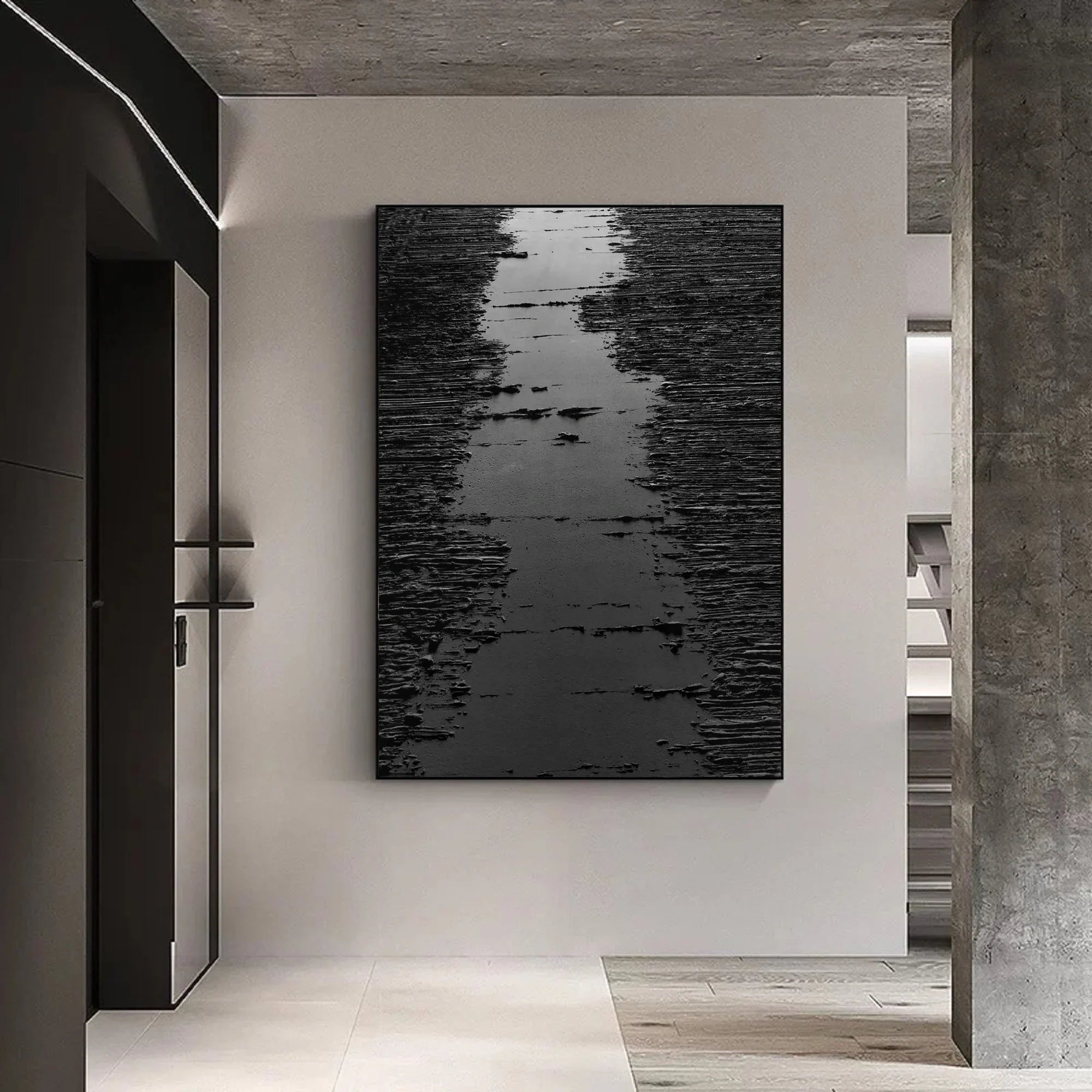 Black 3D Textured Minimalist River Canvas Wall Artwork Decor for Room