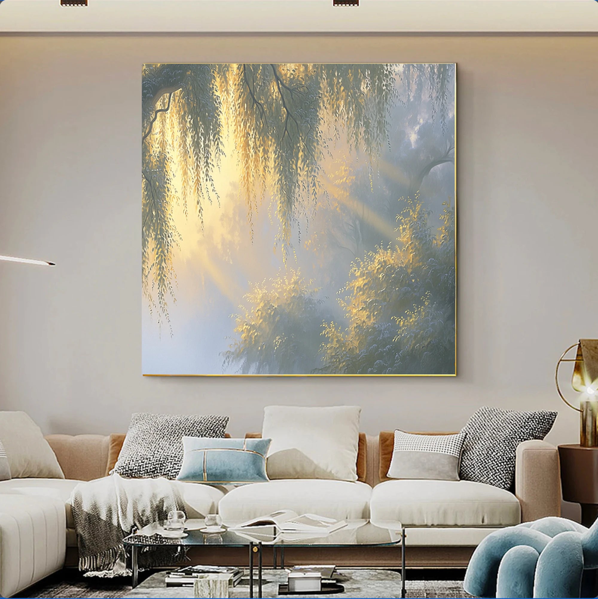 Hand-painted Morning Willow Light Forest Landscape Oil Painting #FT527