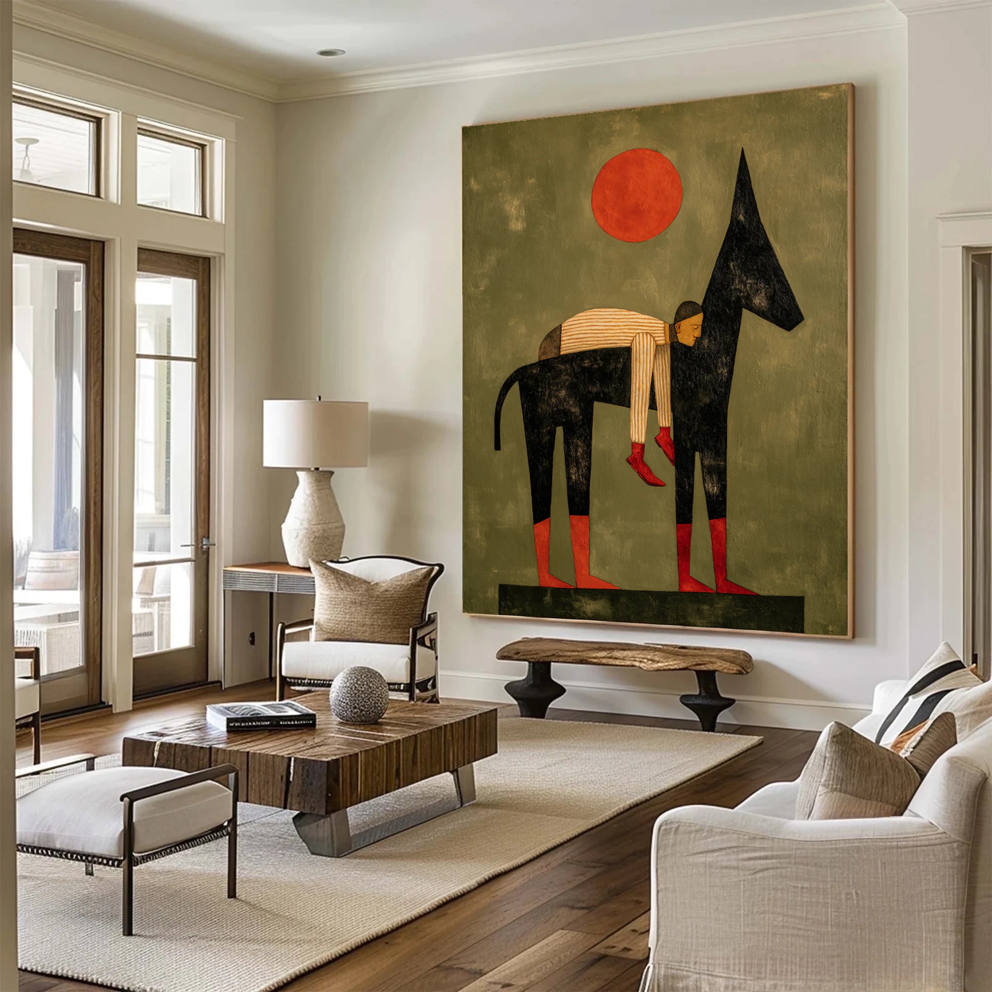 Abstract Man & Donkey Oil Painting, Earthy Tone Wall Art #WA535