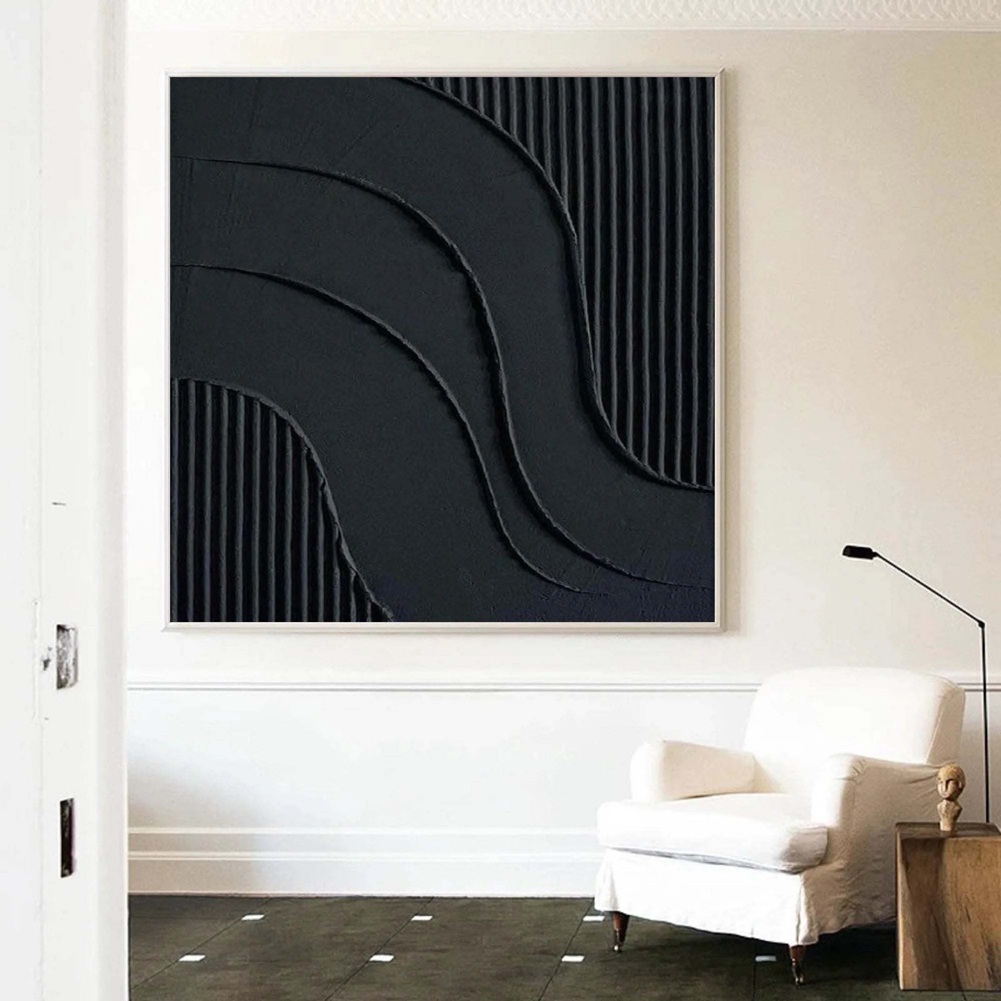 Black Minimalist Painting Original 3D Textired Wall Art Framed Canvas