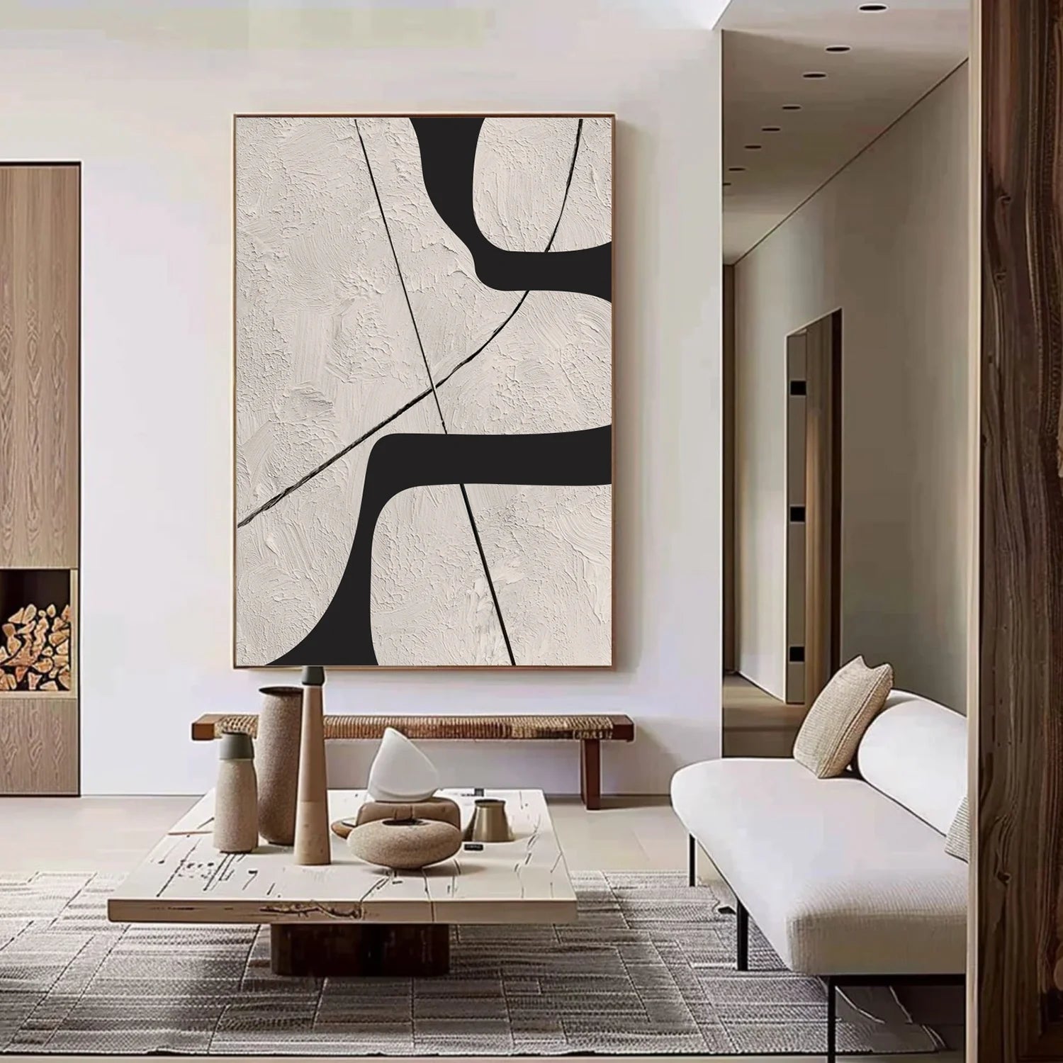 Beige & Black Abstract Textured Canvas Art #WA784