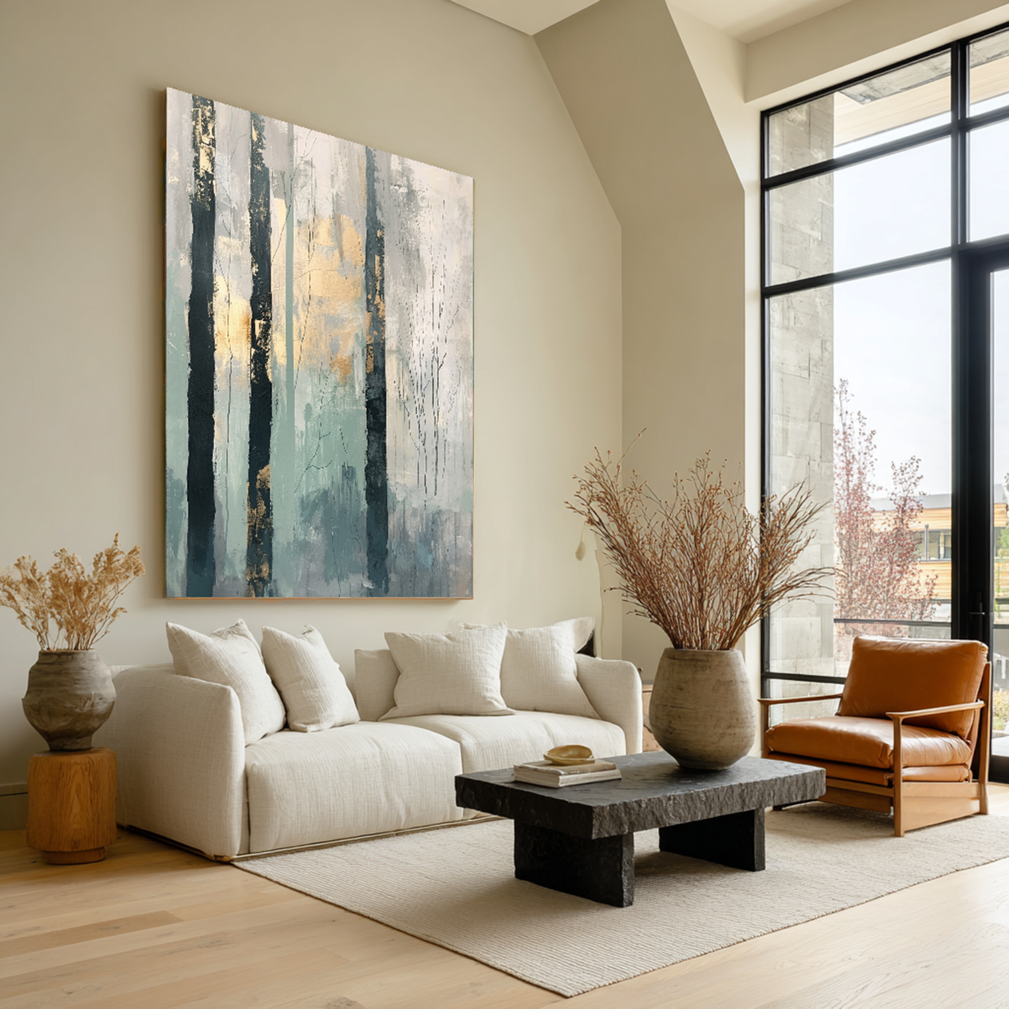 Abstract Birch Forest with Gold Leaf Textured Oil Painting #FT213