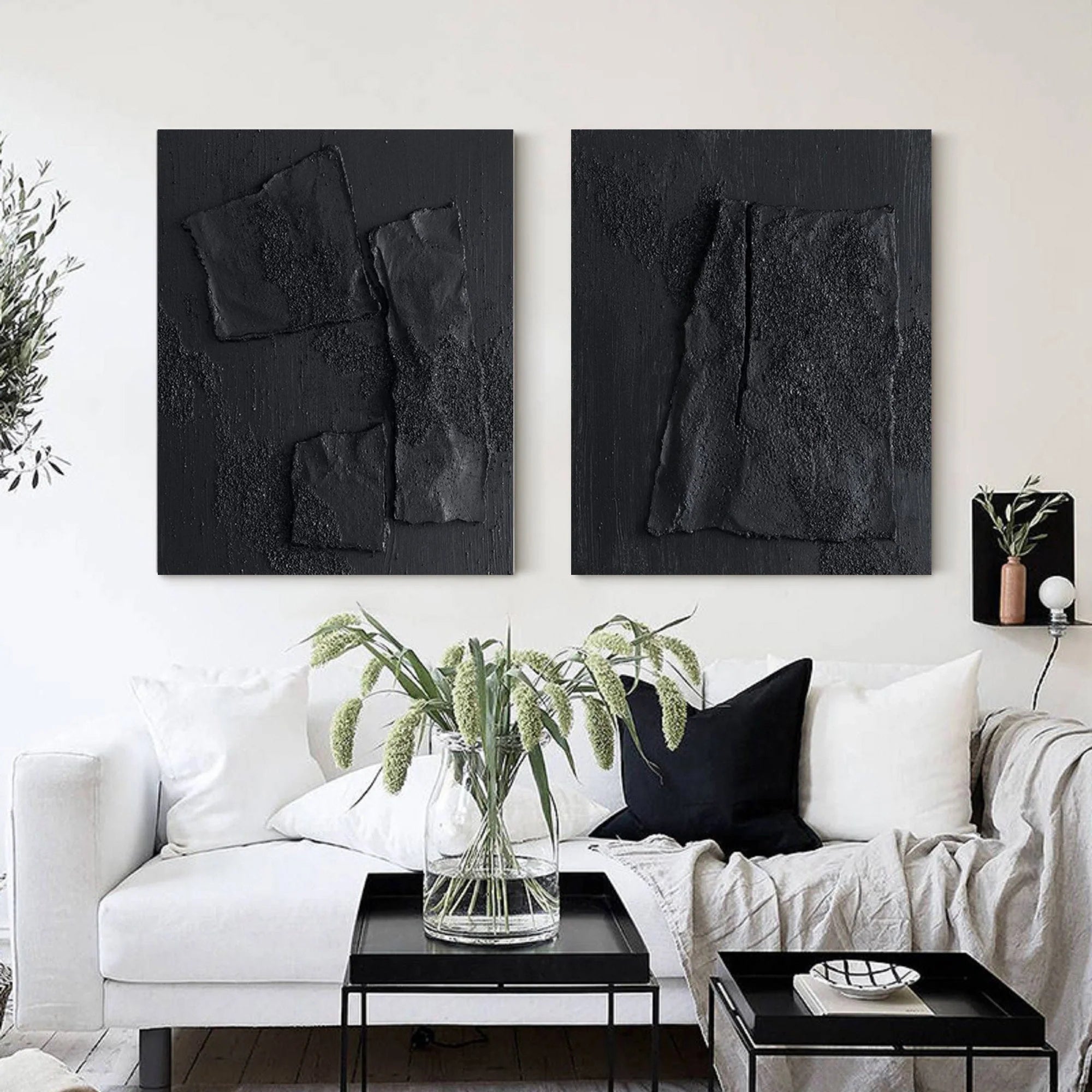 Set of 2 Total Black 3D Textured Minimalist Painting on Canvas