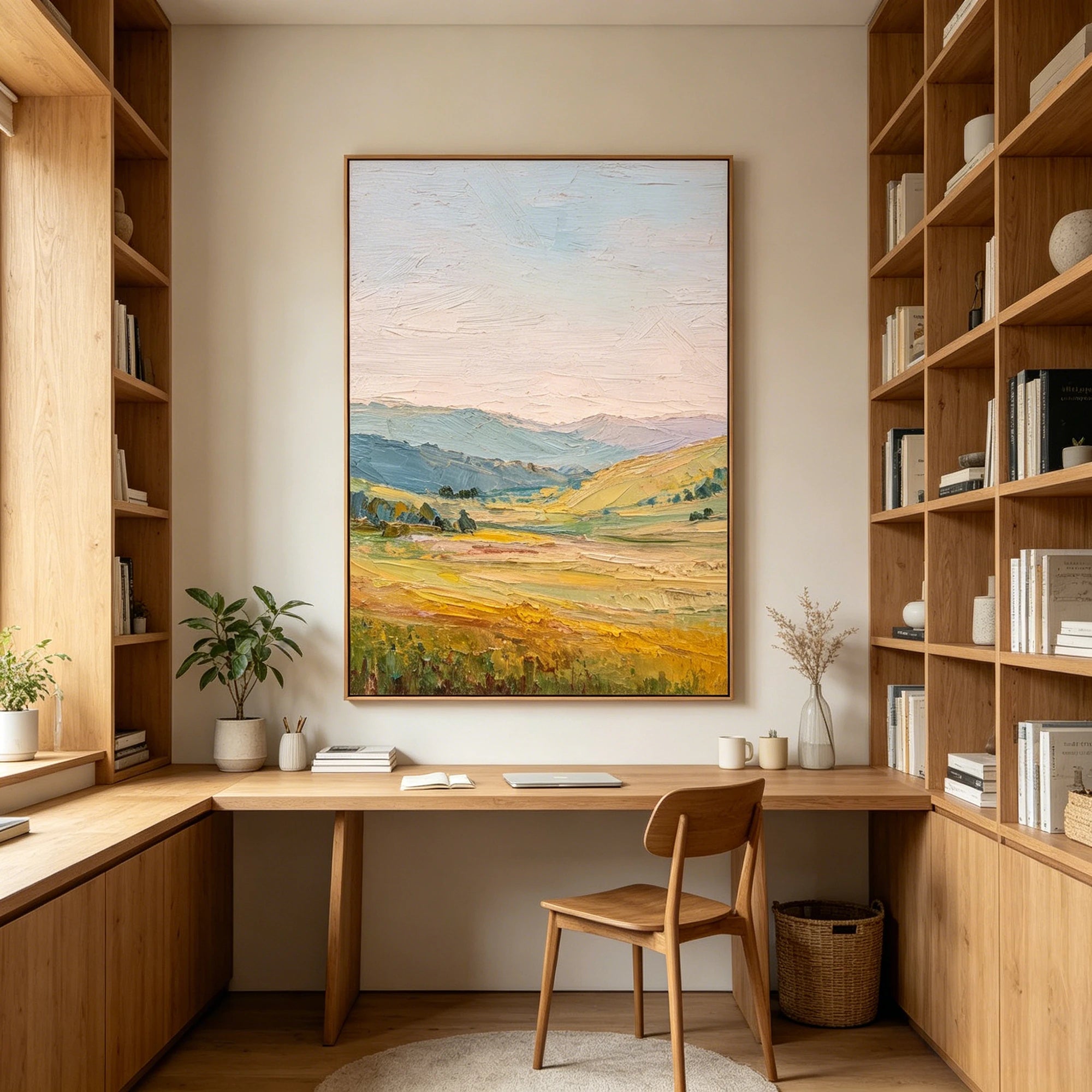 Hand-Painted Golden Meadow Landscape Oil Painting #FT618