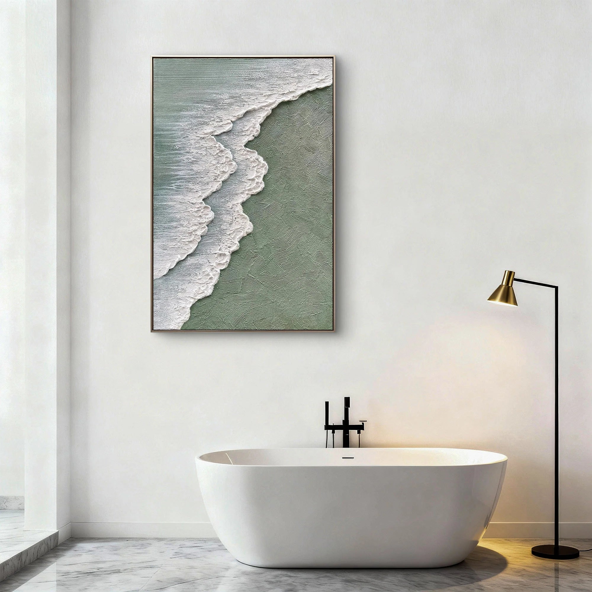 Hand-Painted Sage Green Ocean Wave Textured Canvas Wall Art #MD144