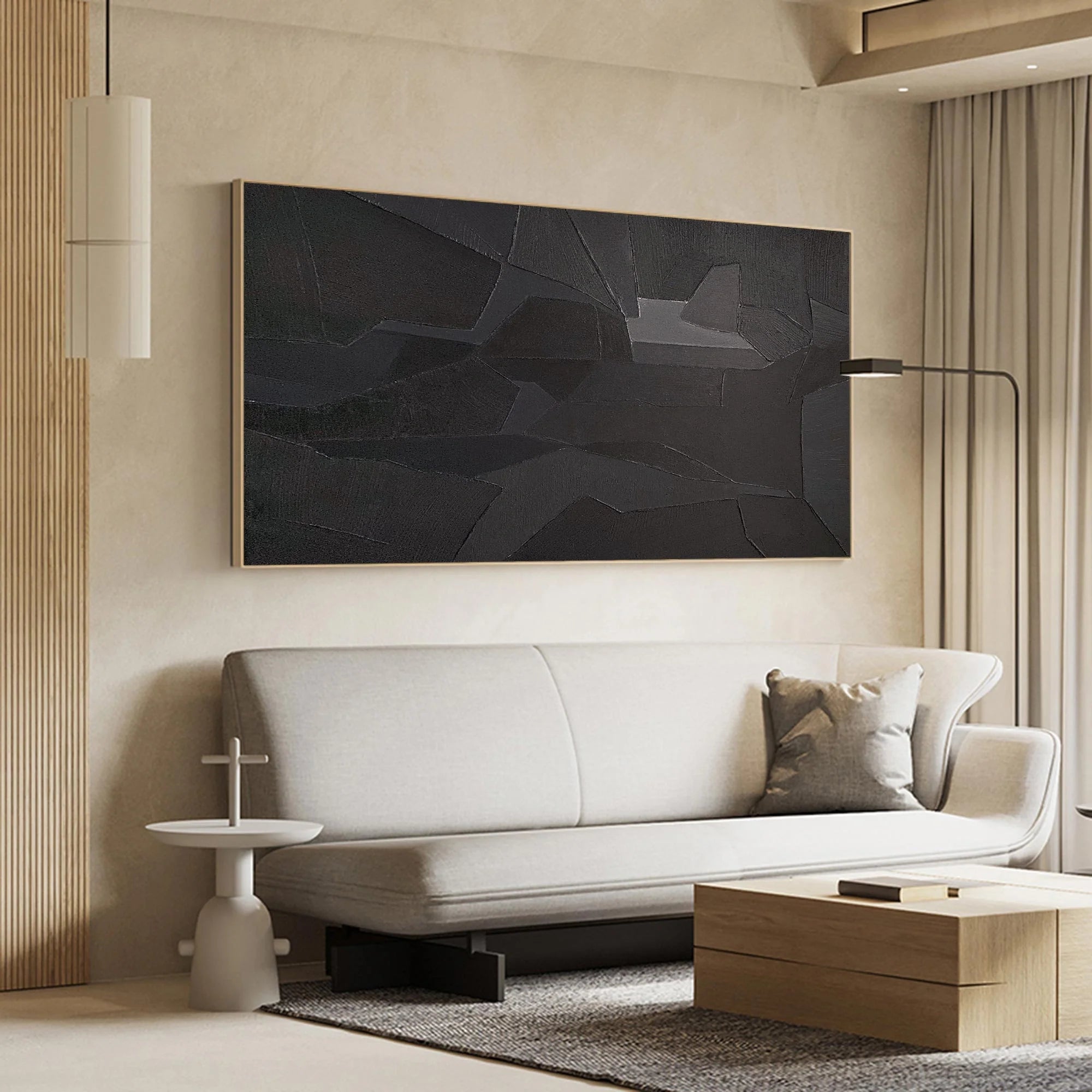 Black Geometric Minimalist Painting On Canvas Handcrafted Abstract Wall Art