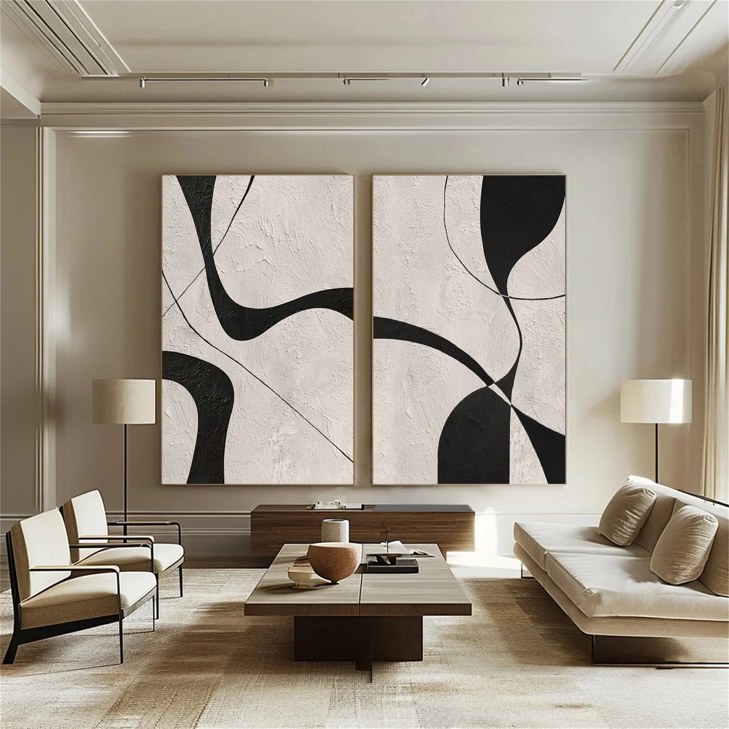 Beige & Black Abstract_Textured Canvas Art Set of 2 #WA780