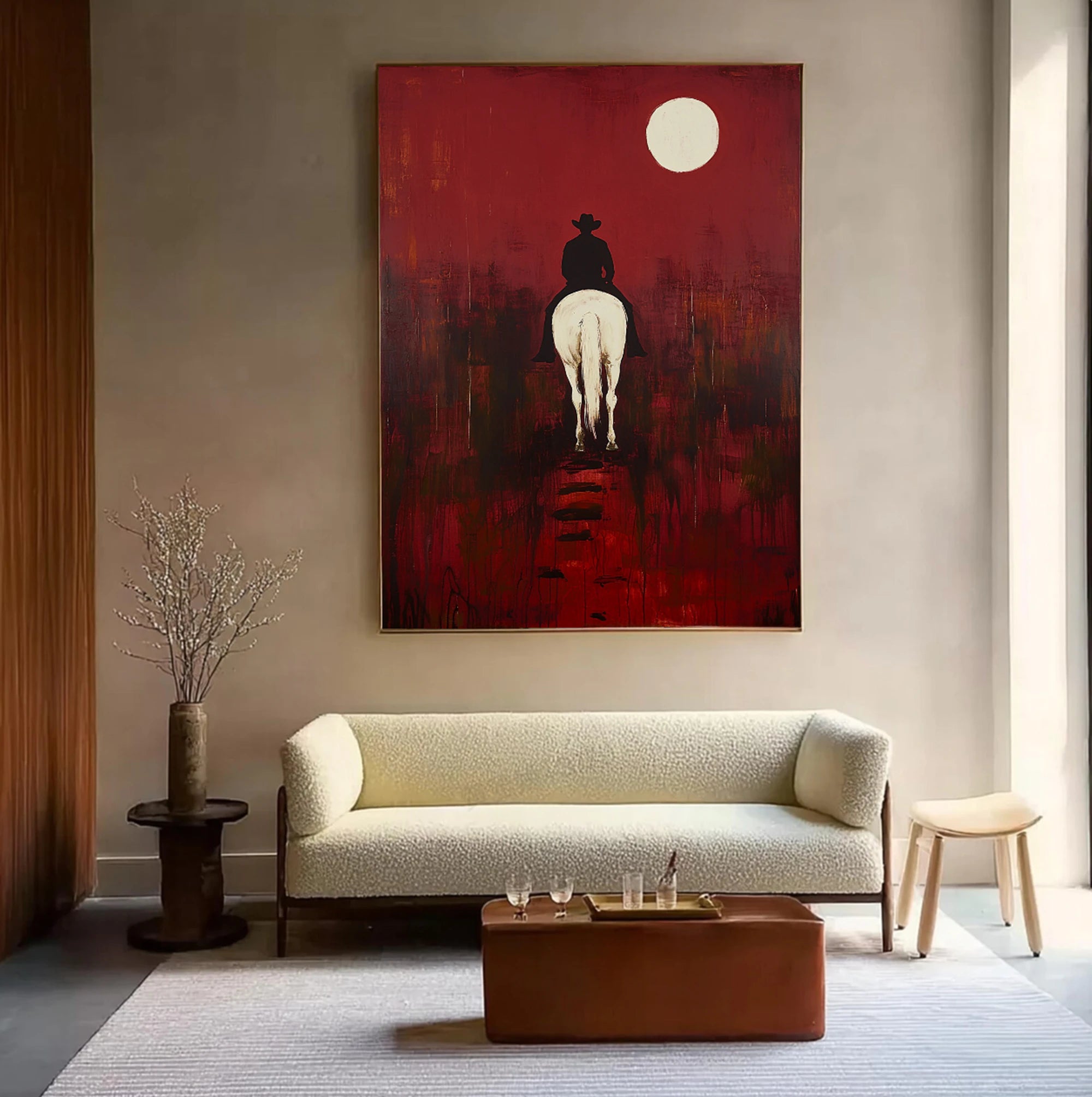 Red Moon Cowboy & White Horse Oil Painting #WA530
