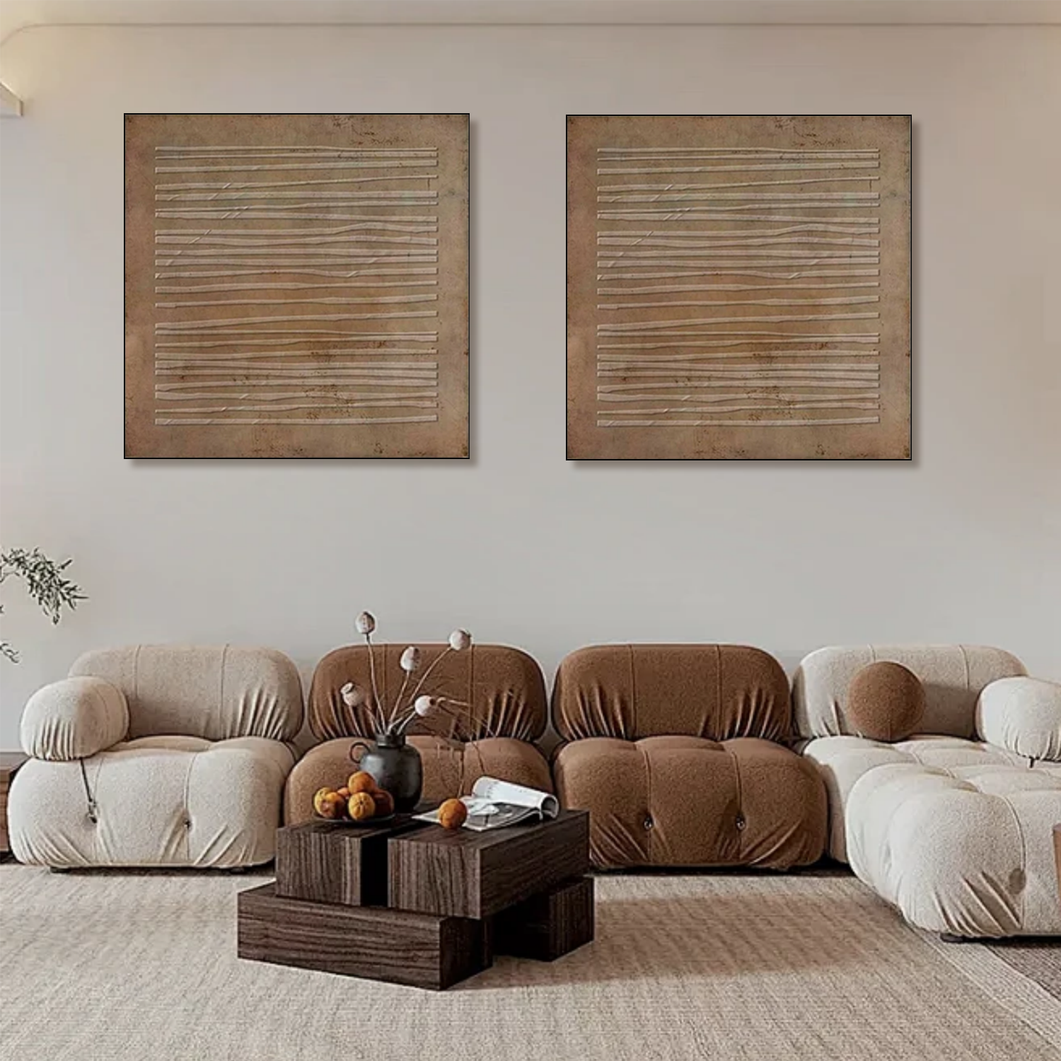 Beige and Brown Wabi Sabi Textured Canvas Art Set of 2 #WA639