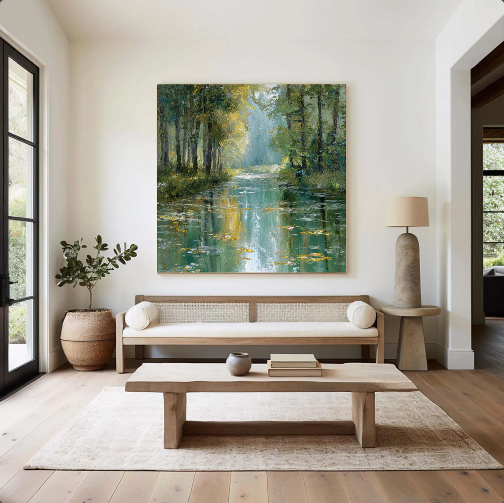 Sunlit Forest Stream Oil Painting with Water Lilies #FT328