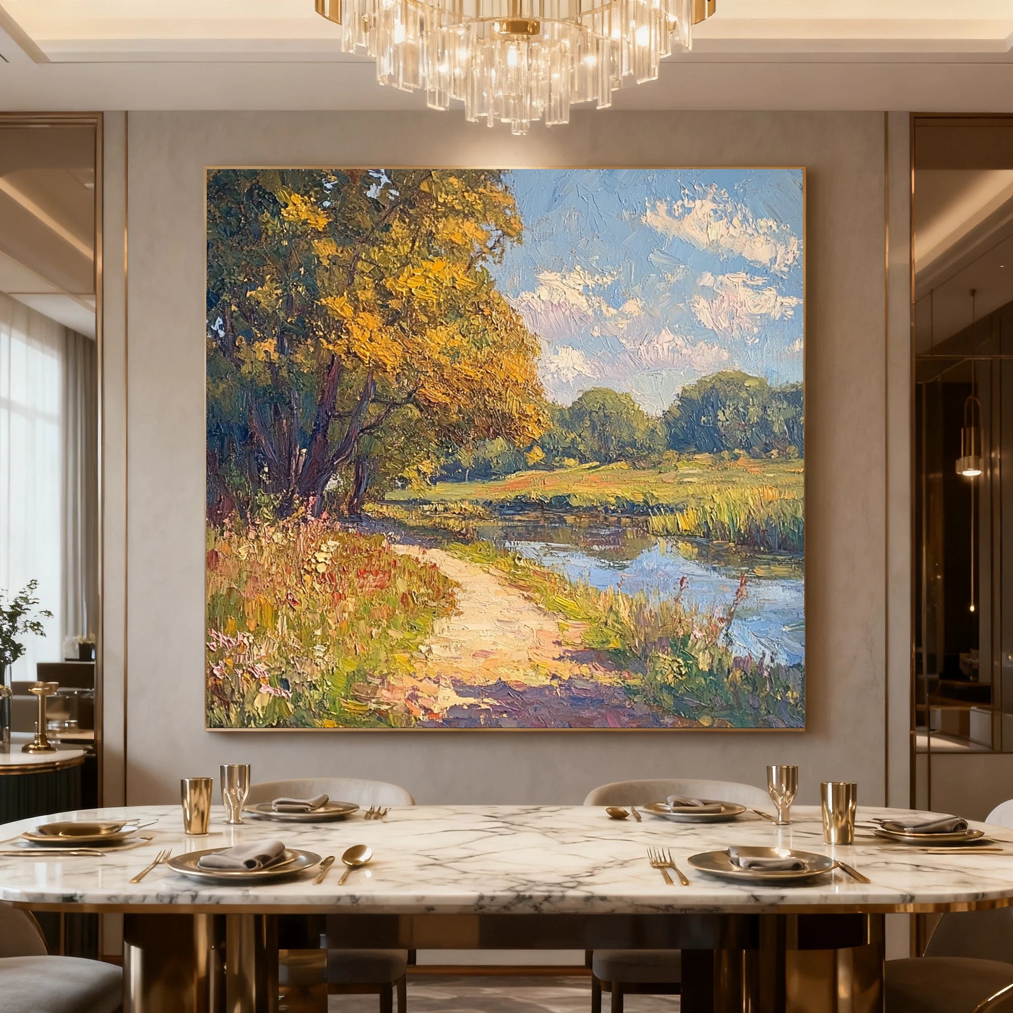 Original Hand-Painted Autumn River Landscape Oil Painting #FT523