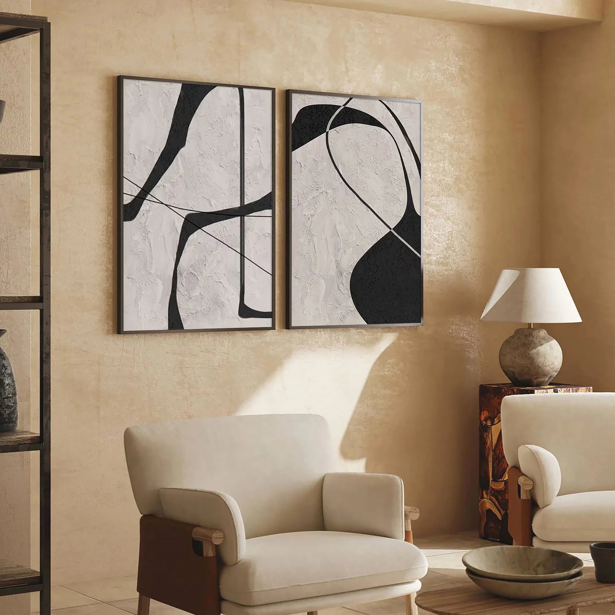 Beige & Black Abstract Textured Painting Set of 2 #WA110