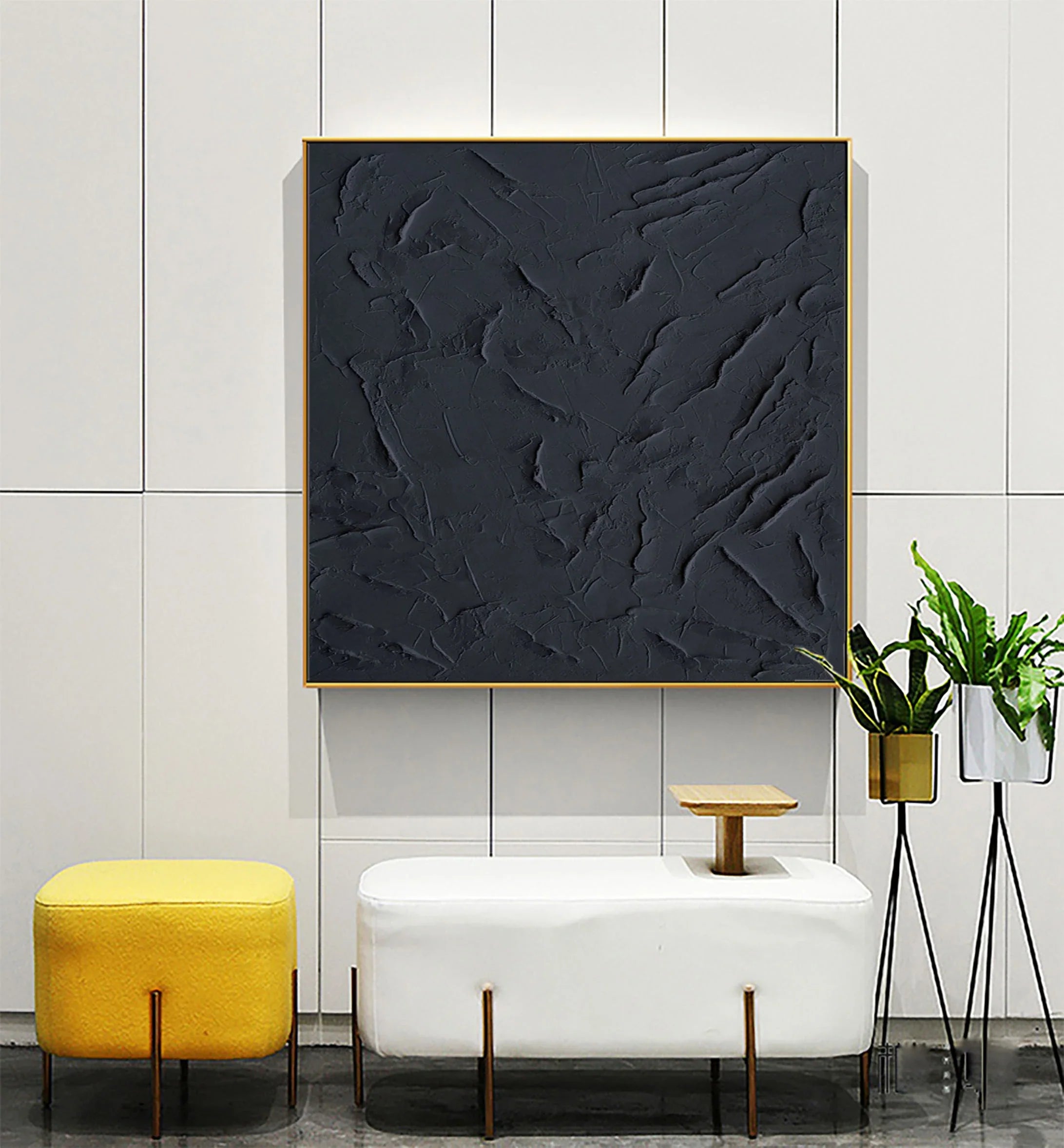 Black Textured Plaster Art Painting Minimalist Zen Wall Decor for Room