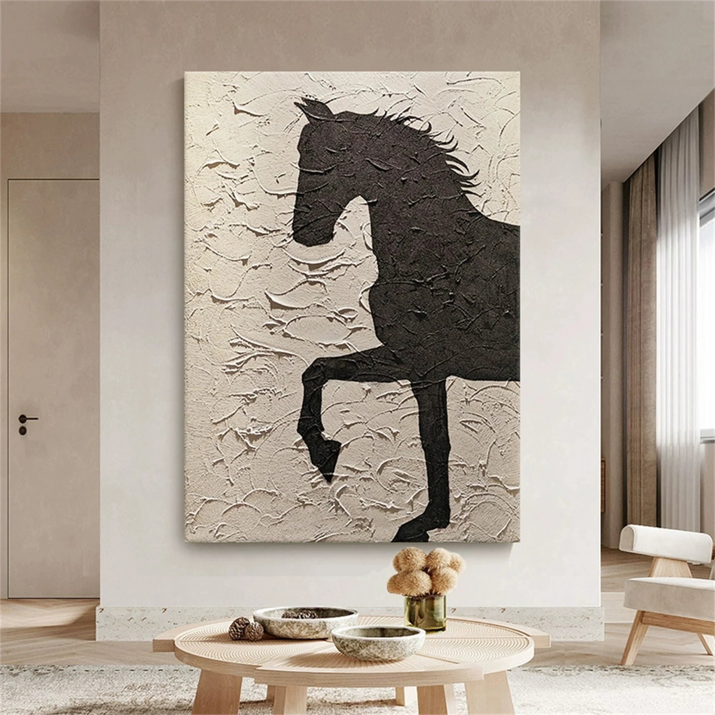 Beige And Black Horse Abstract Animal Wall Art #AM040